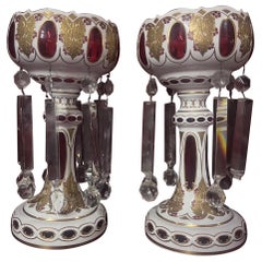Antique Bohemian Cranberry Glass Candle Holders Lusters - Pair