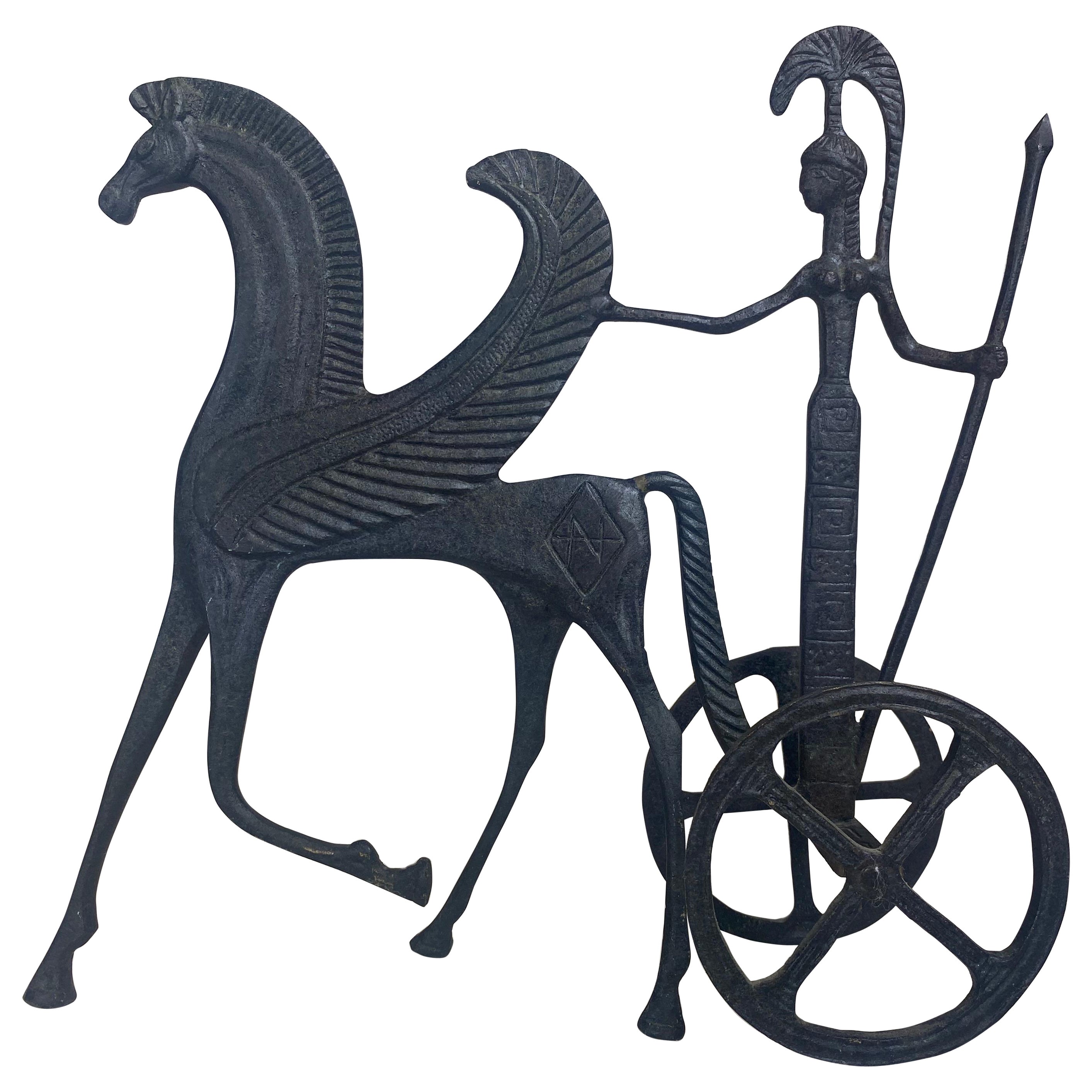 Gusseisenskulptur eines mythischen Pferdes und einer Figur aus der Mitte des Jahrhunderts.