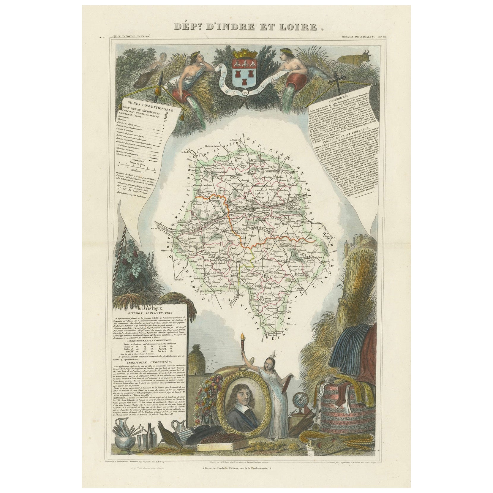 Mapping History: The Decorative Cartography of Indre-et-Loire by Levasseur, 1856 For Sale