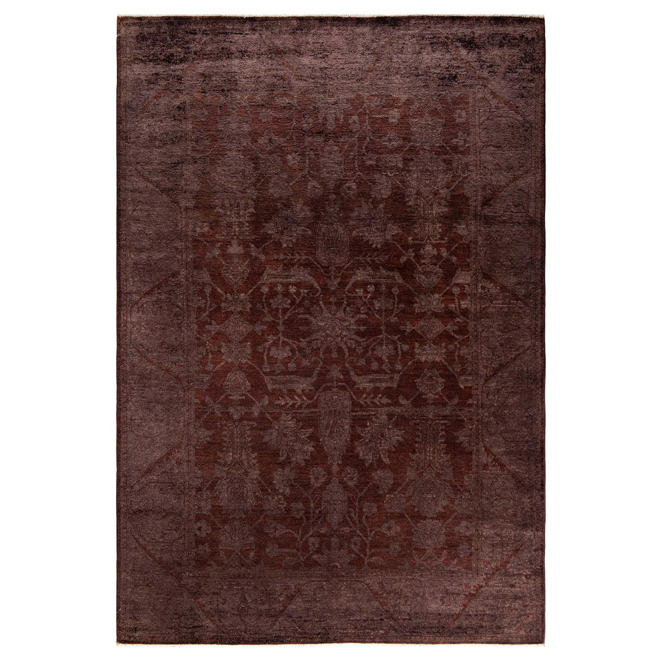 Contemporary Overdyed Hand Knotted Wool Brown Area Rug For Sale