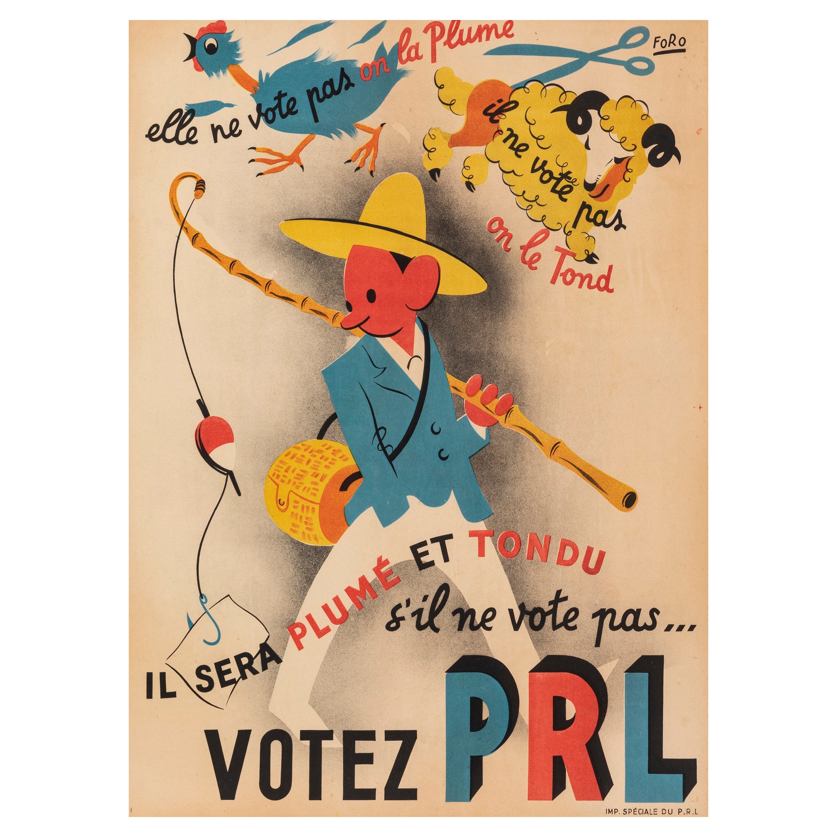 Foro, affiche vintage originale, Vote PRL, parti politique, poulet, moutons, 1947