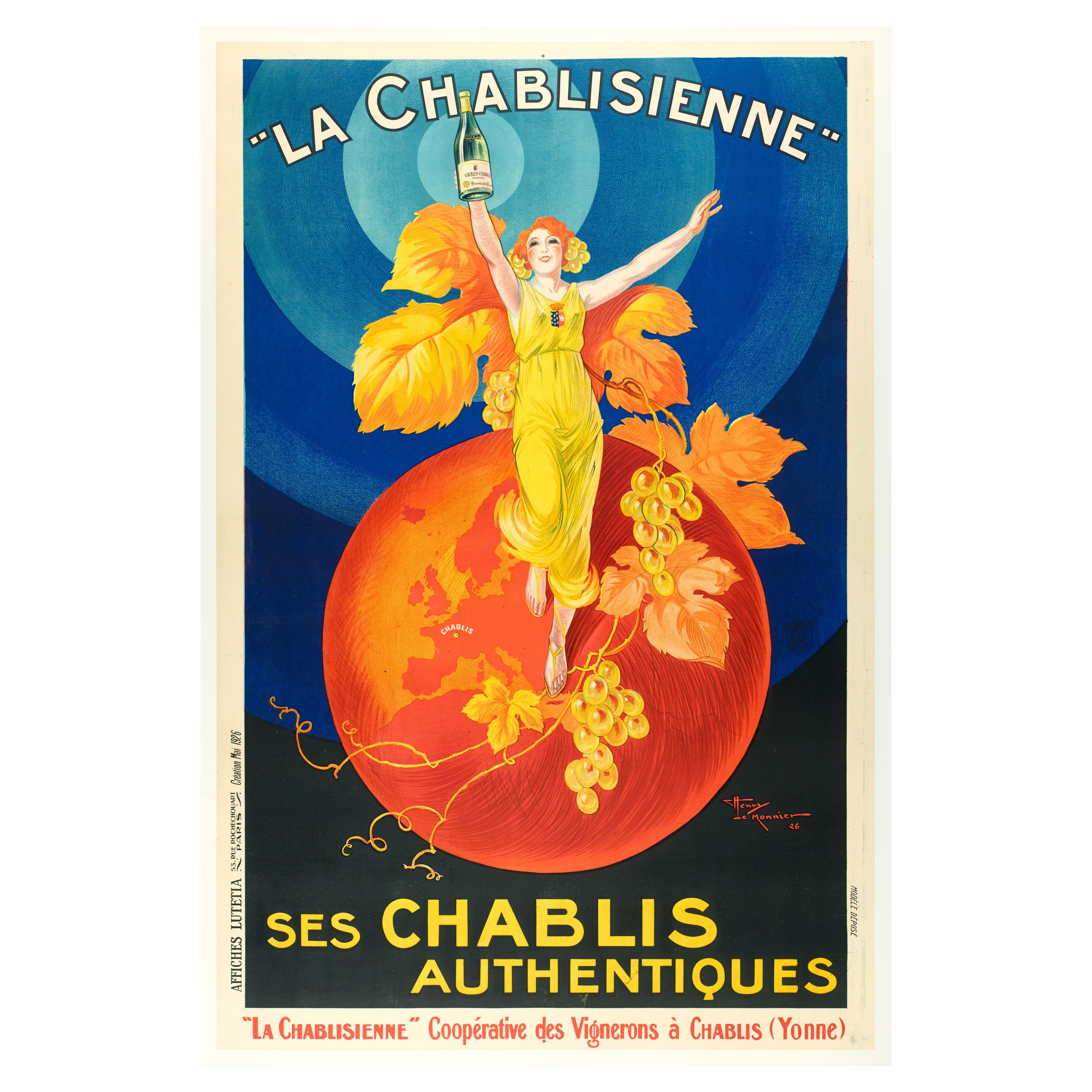 Lemonnier, Vintage Alcohol Poster, Chablisienne, Burgundy Wine, Vineyard, 1926 For Sale