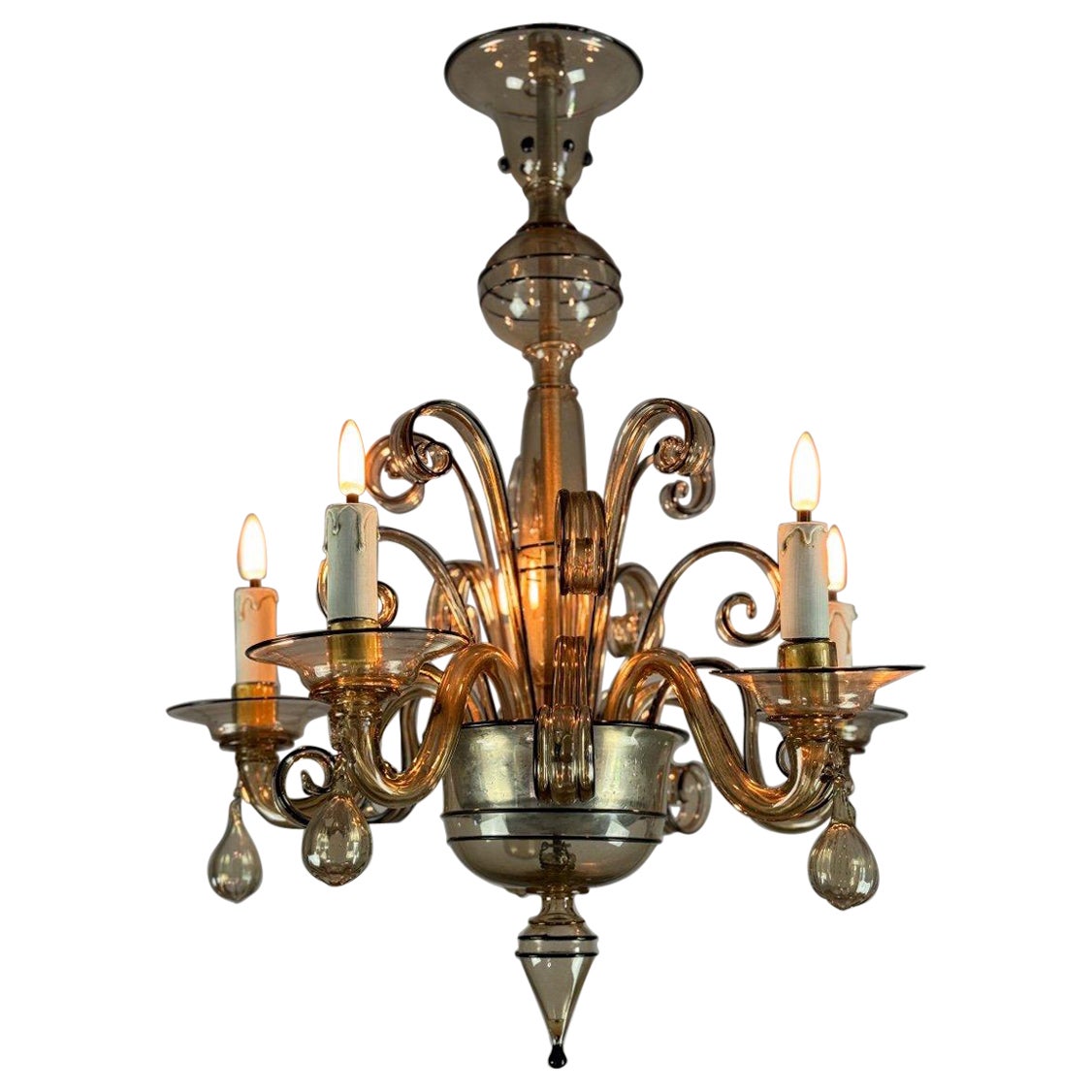 Venetian Chandelier In Mordore Murano Glass Highlighted With Black Lining For Sale