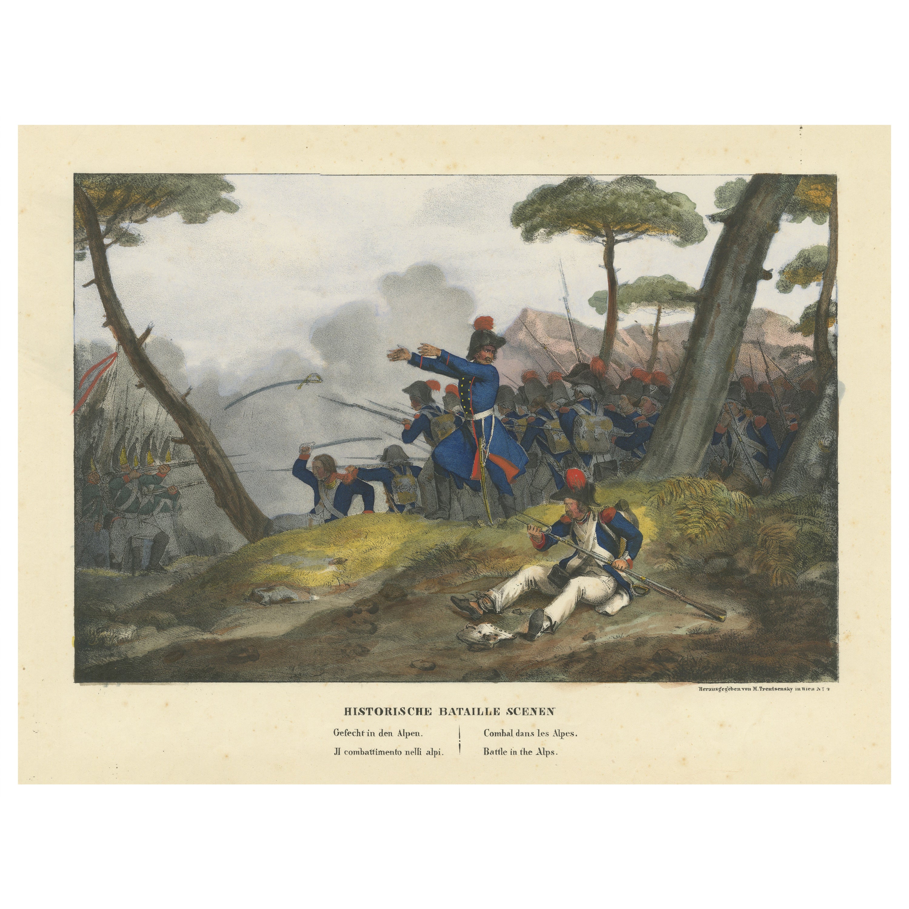 Original Antique Print of Mountain Warfare: The 1834 Alpine Encounter, c.1834 For Sale
