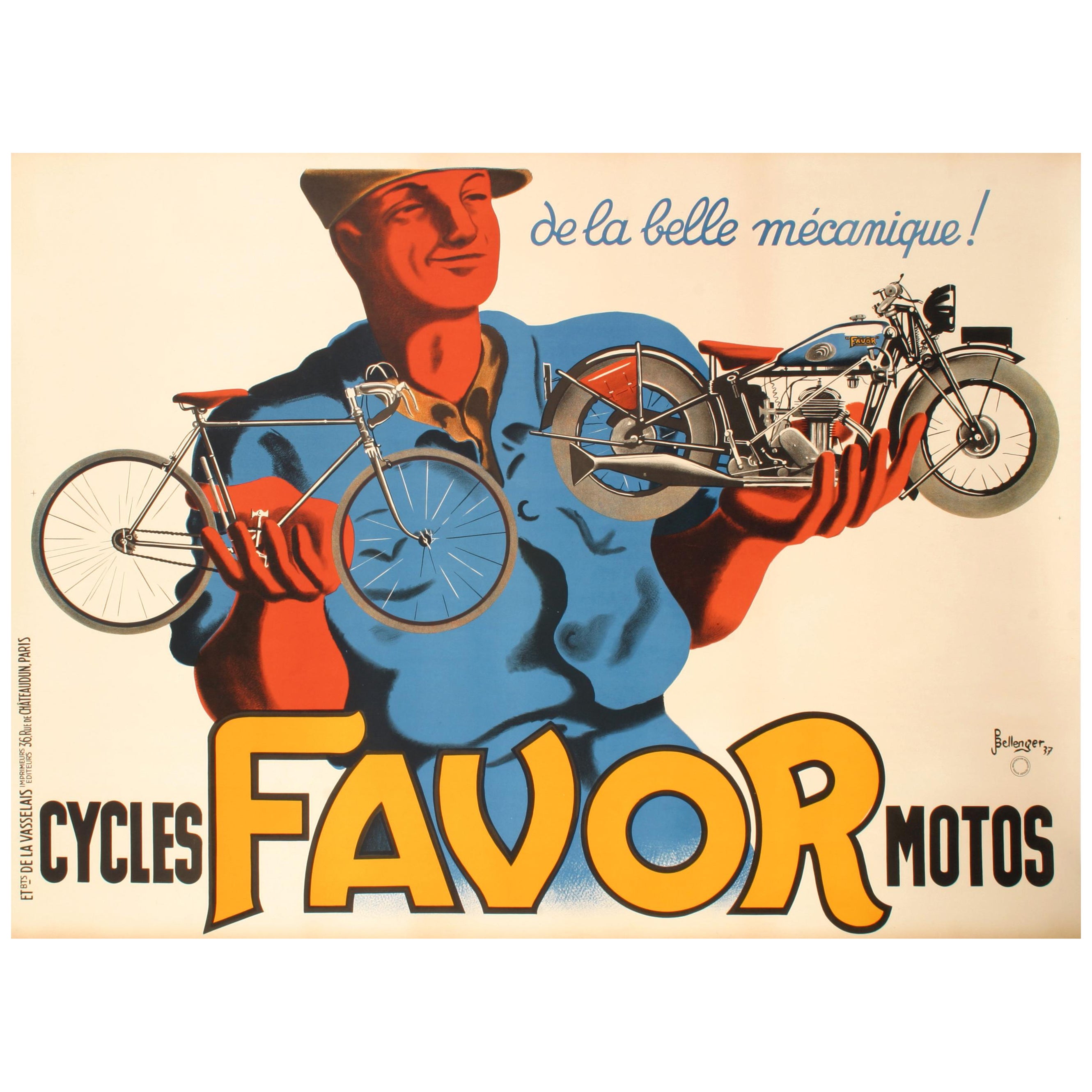Bellenger, Original Art Deco Motorcycle Poster, Favor Bicycle, Mechanic, 1937 For Sale