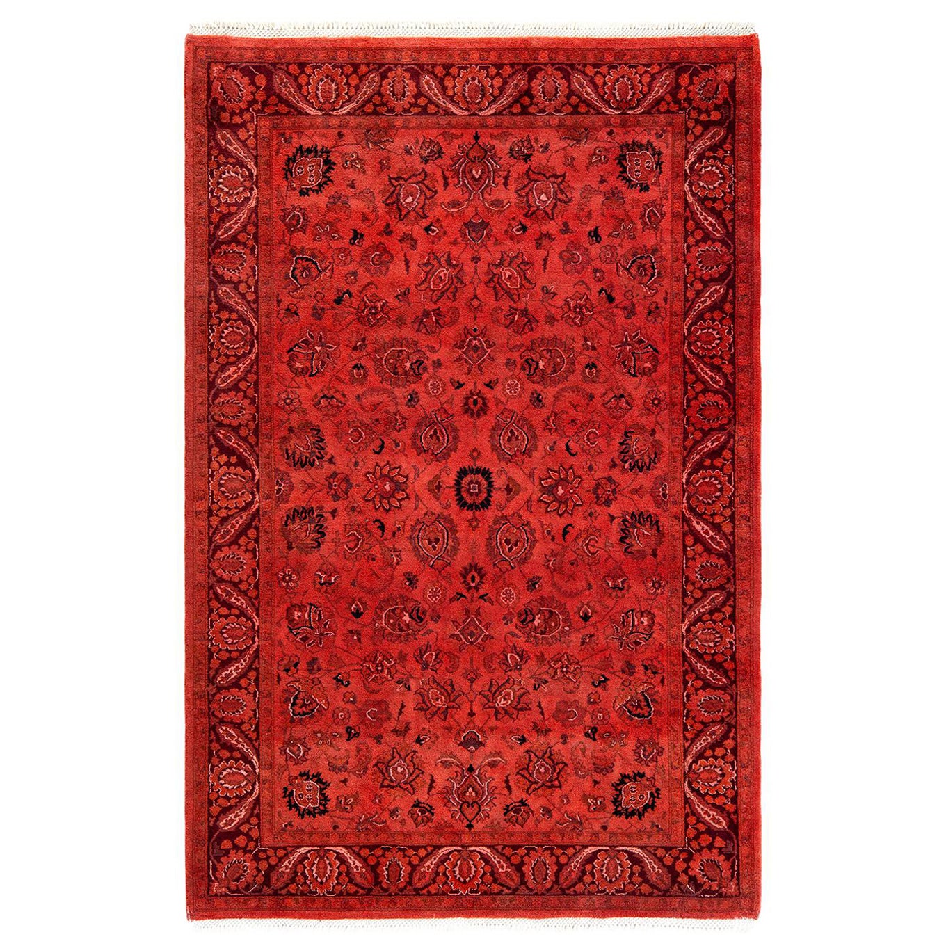 Contemporary Overdyed Hand Knotted Wool Orange Area Rug For Sale