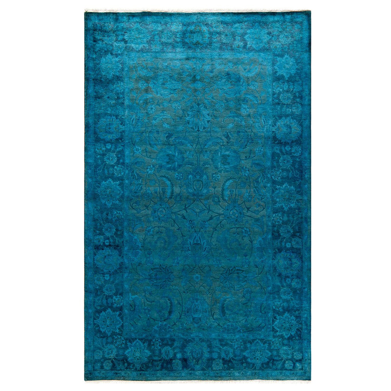 Contemporary Overdyed Hand Knotted Wool Blue Area Rug For Sale