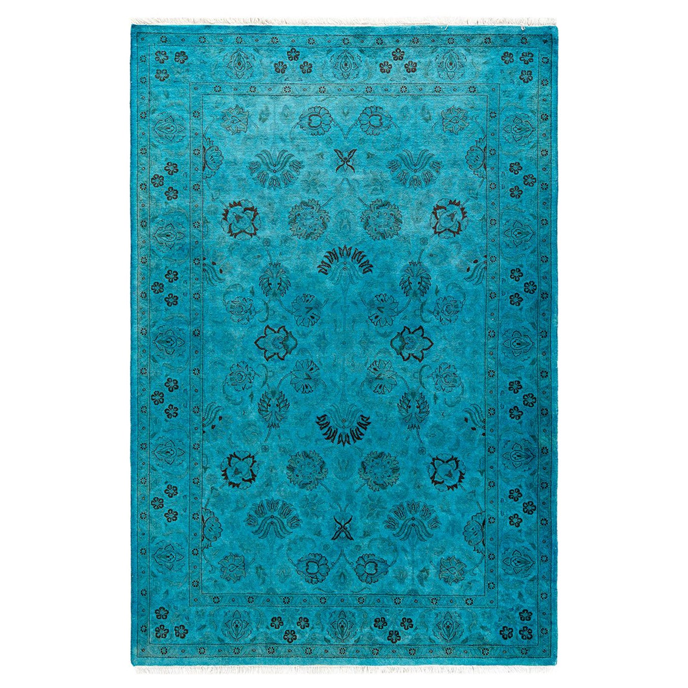 Contemporary Overdyed Hand Knotted Wool Blue Area Rug For Sale