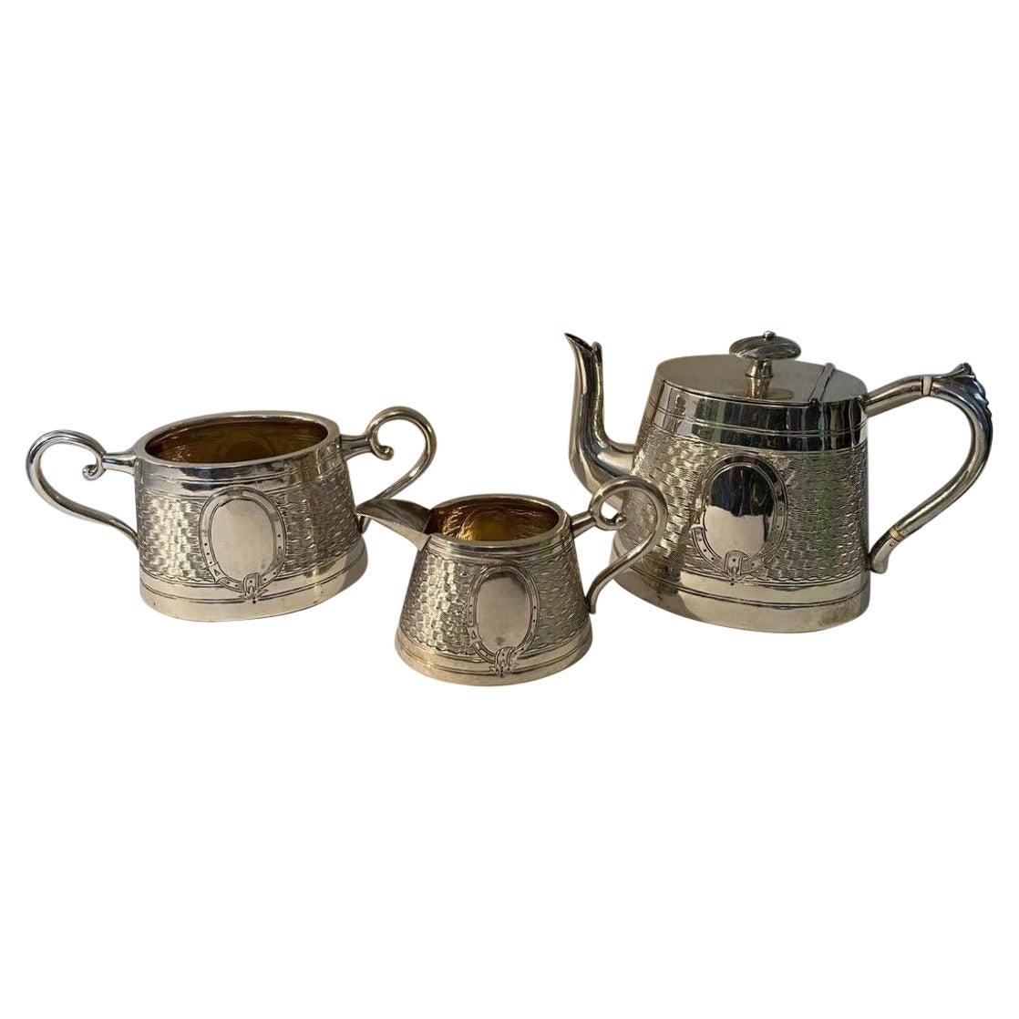 3 Pc., Antique Chinese Export Wang Hing WH90 Sterling Silver Tea Set  For Sale