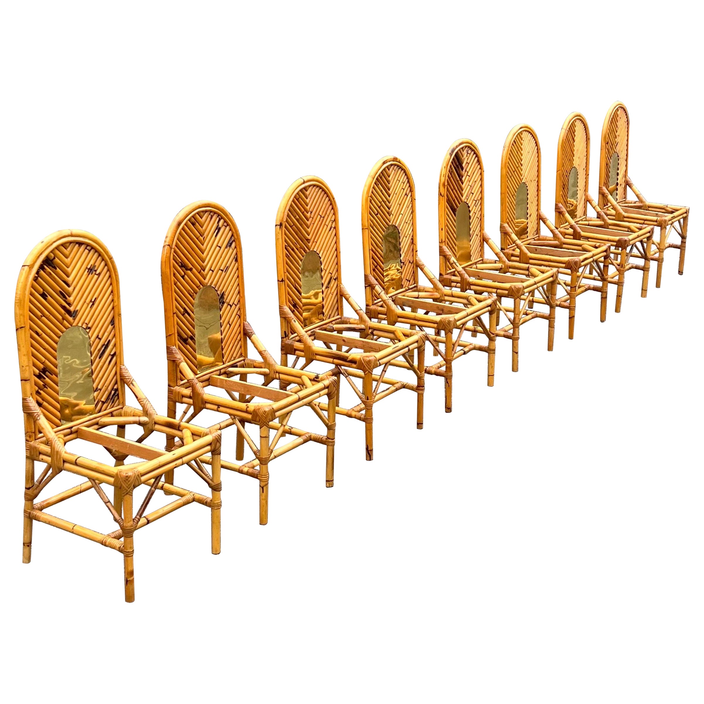 Extraordinaire ensemble de 8 chaises vintage en bambou et laiton de Vivai del Sud en vente