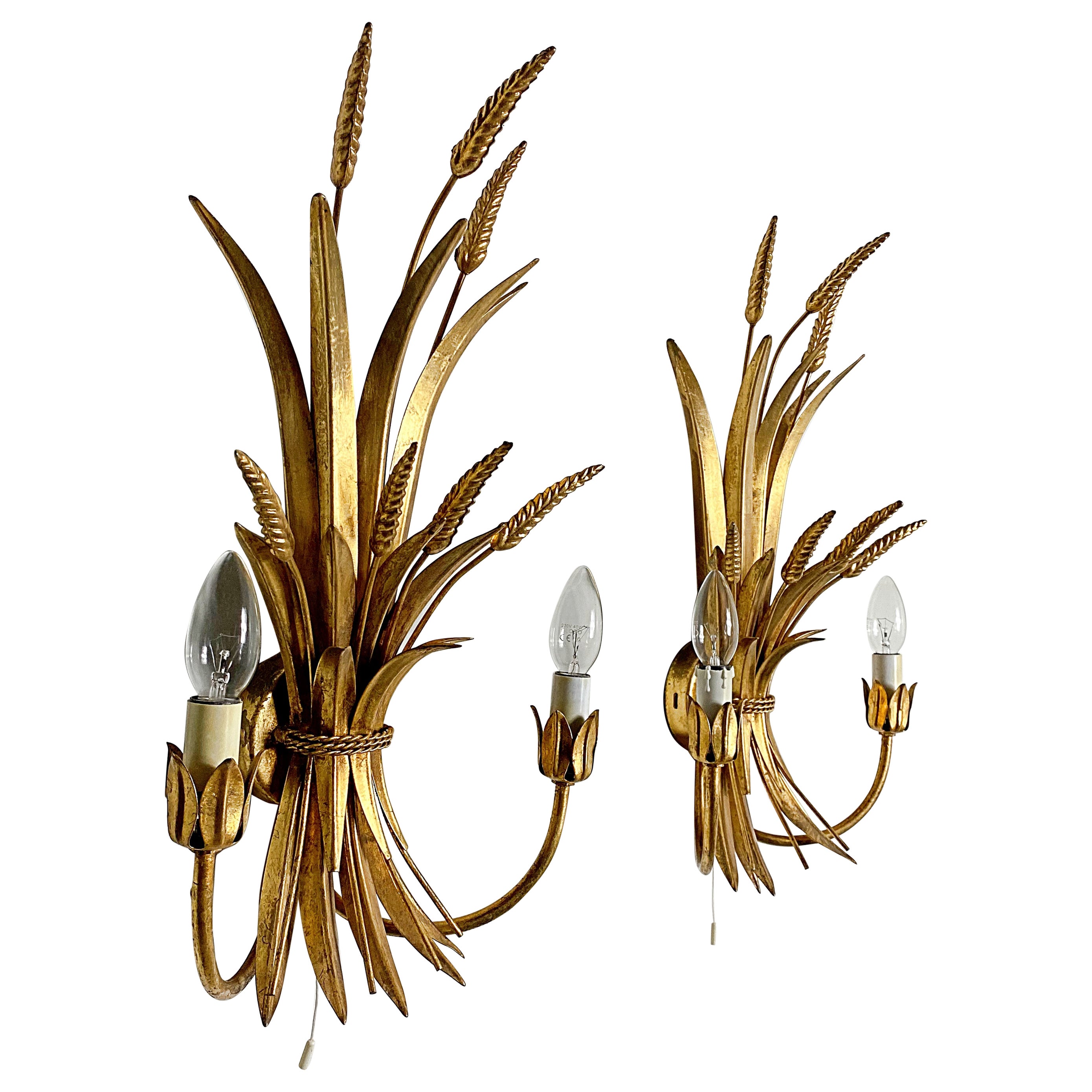 HANS KÖGL Pair Gilded Wheat Hollywood Regency Sconce Wall Lights, 1970s, Germany For Sale