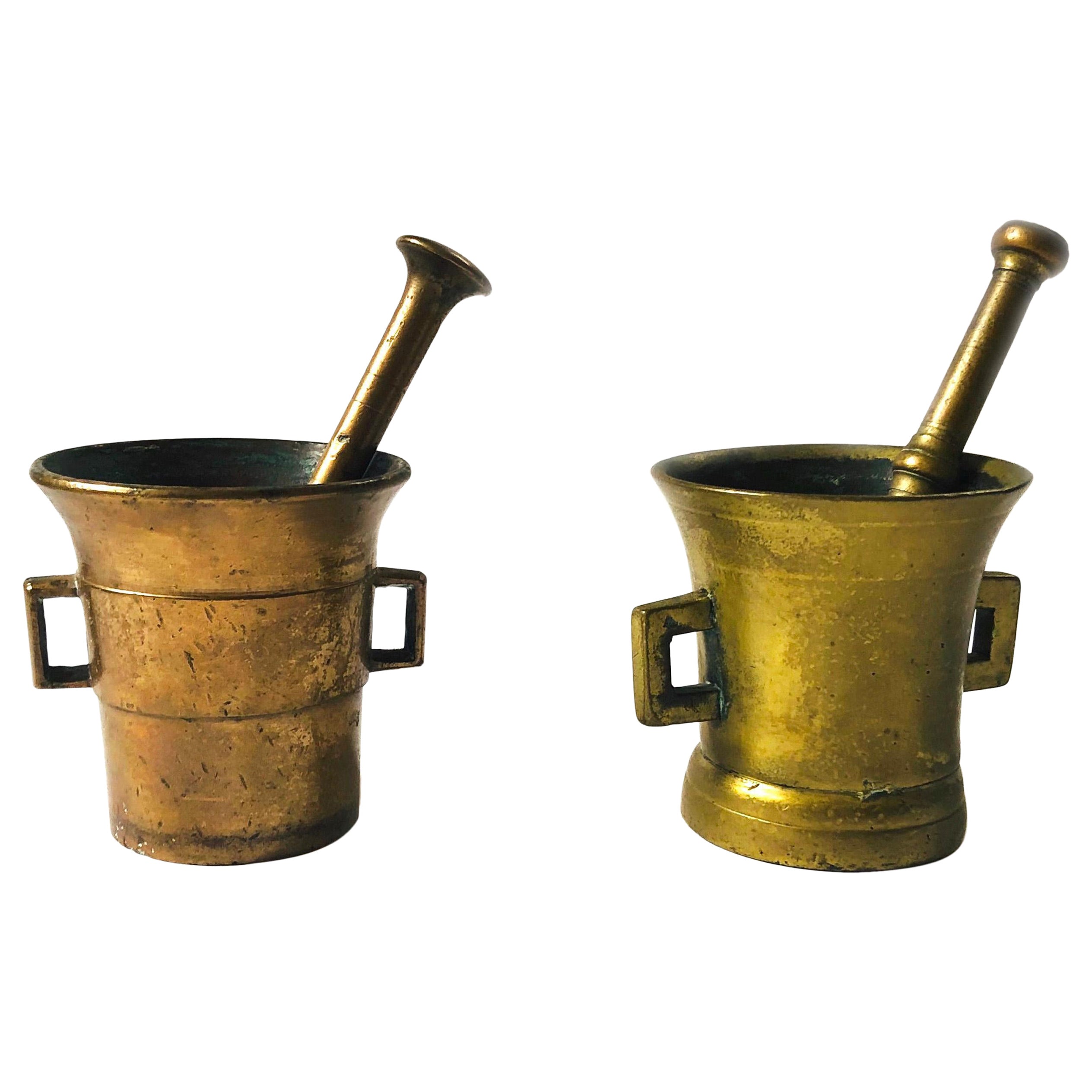 Small Antique 1900s Solid Brass Apothecary Mortars and Pestles - Set of 2 For Sale