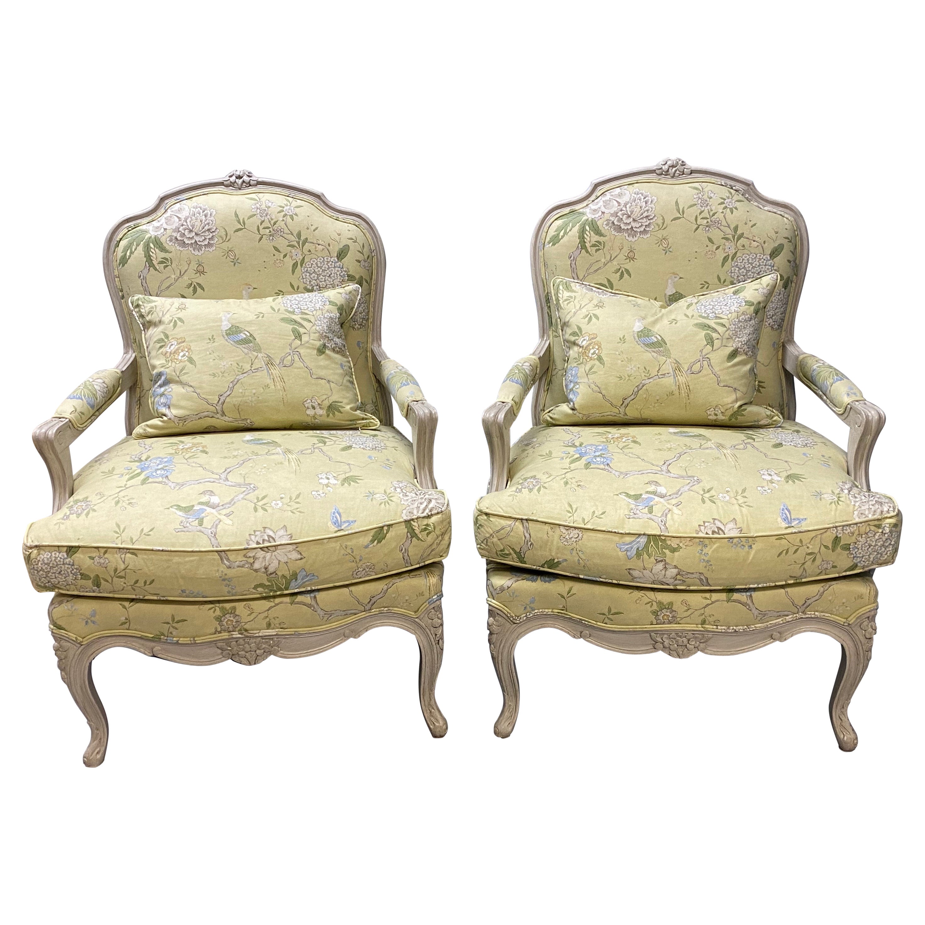 Pair of French Louis XV Style White Painted Armchairs For Sale