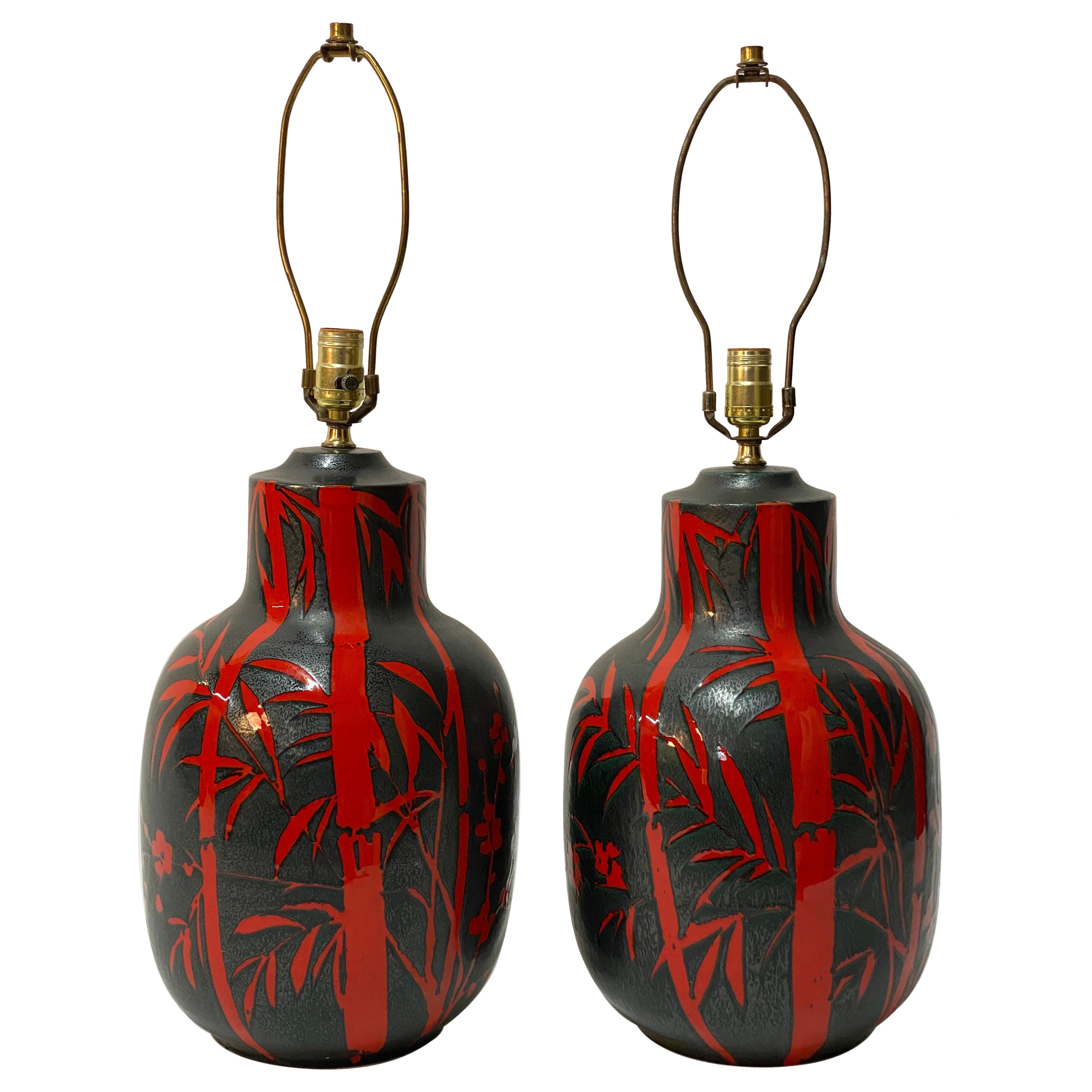 Paire de lampes de bureau Alvino Bagni Bitossi en poterie de bambou et papillons en vente