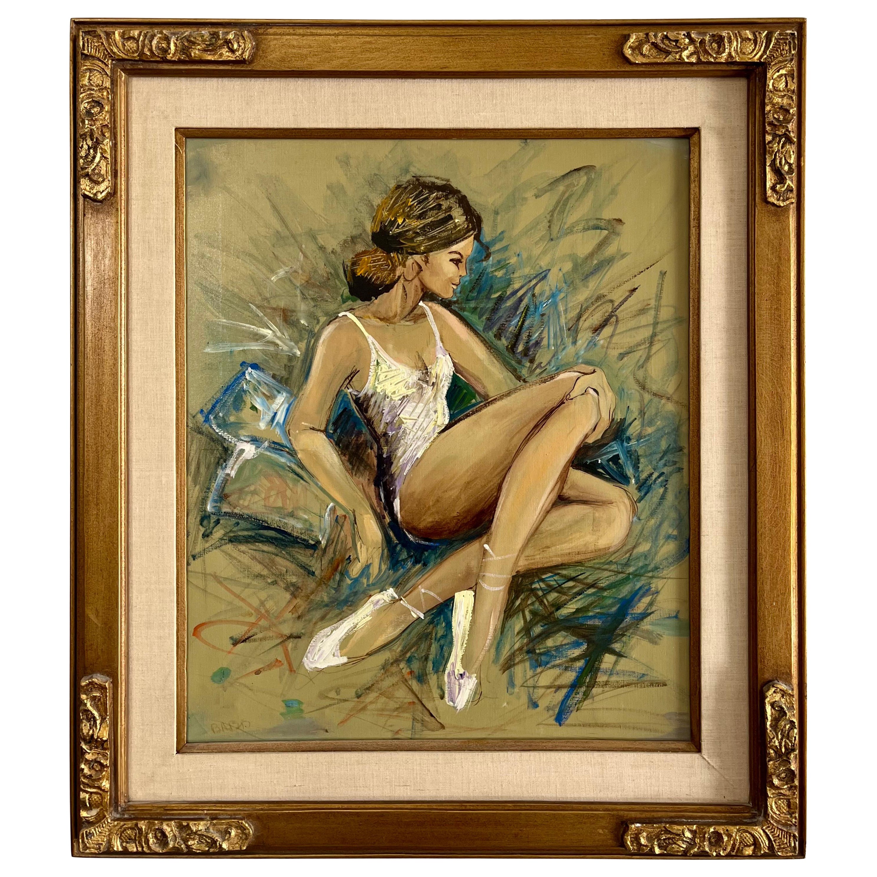 Toile de ballerine moderne du milieu du siècle dernier signée, peinture impressionniste originale