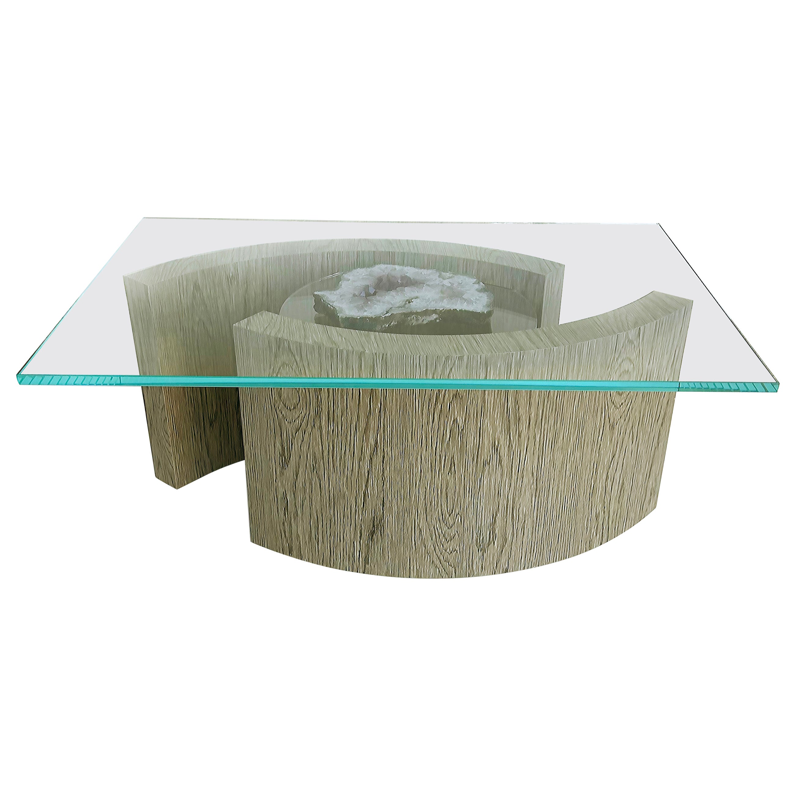 Custom Cocktail Table,  Oak Base, Amethyst Ring Crystal Geode Center For Sale