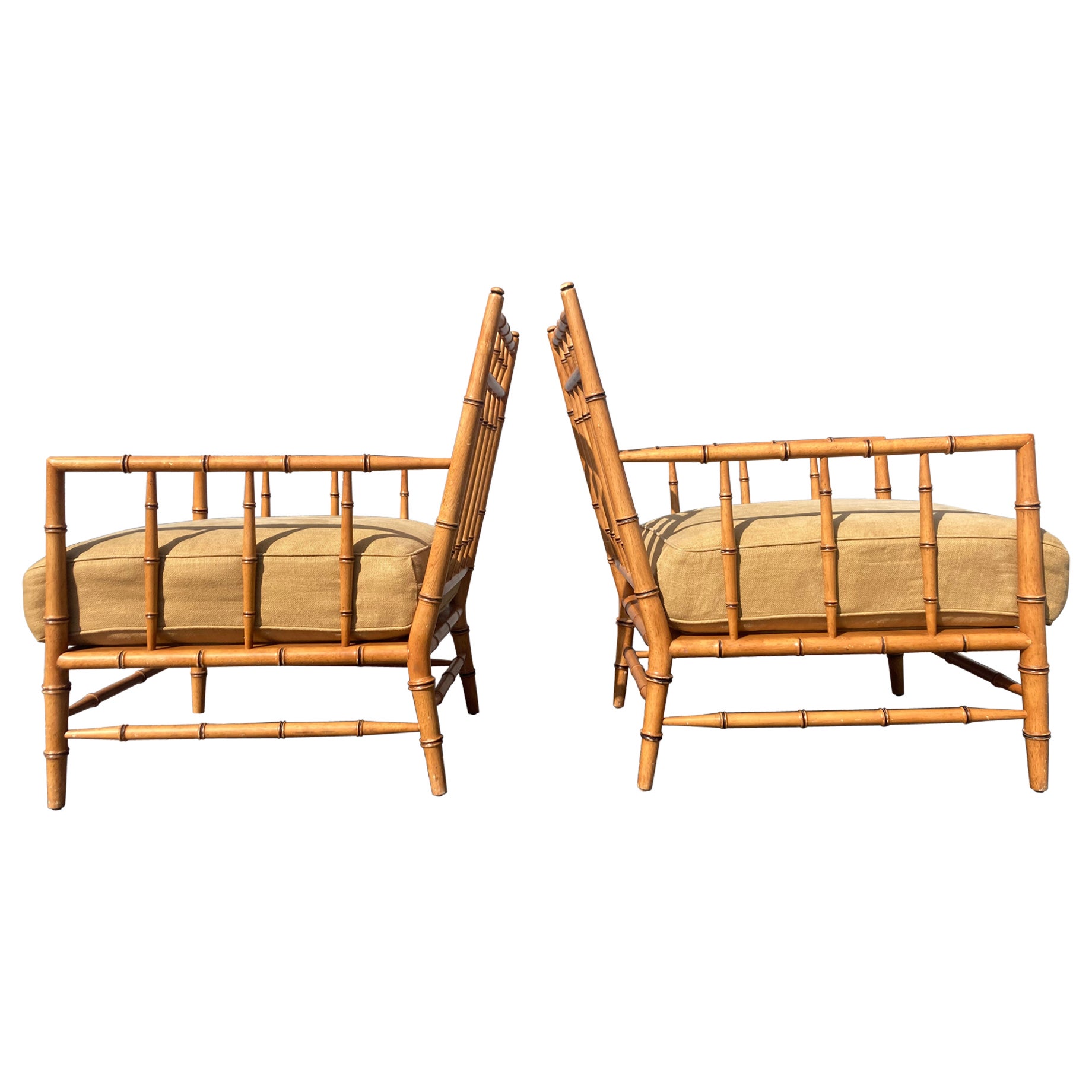 Pair of Faux Bamboo Chinese Chippendale Lounge Chairs Martha Stewart Bernhardt For Sale