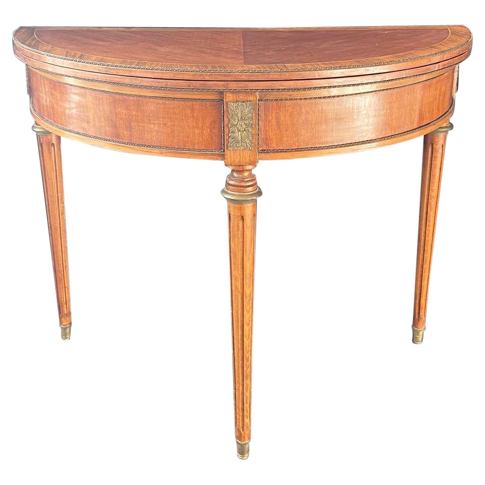 French Inlaid Walnut French Demilune Game Table or Console  For Sale
