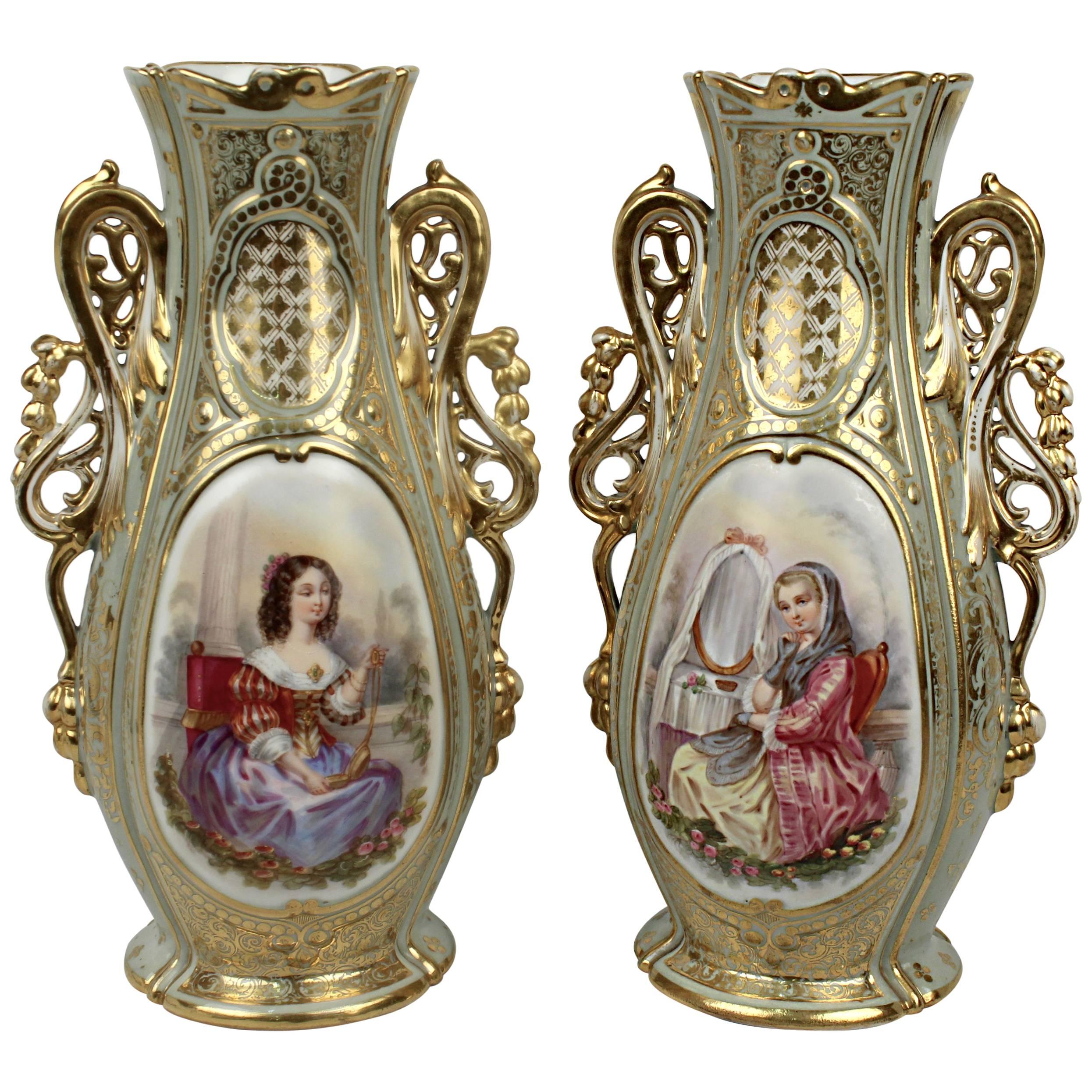 Pair Large 19th Century Old Paris Porcelain Vases with Young Maidens