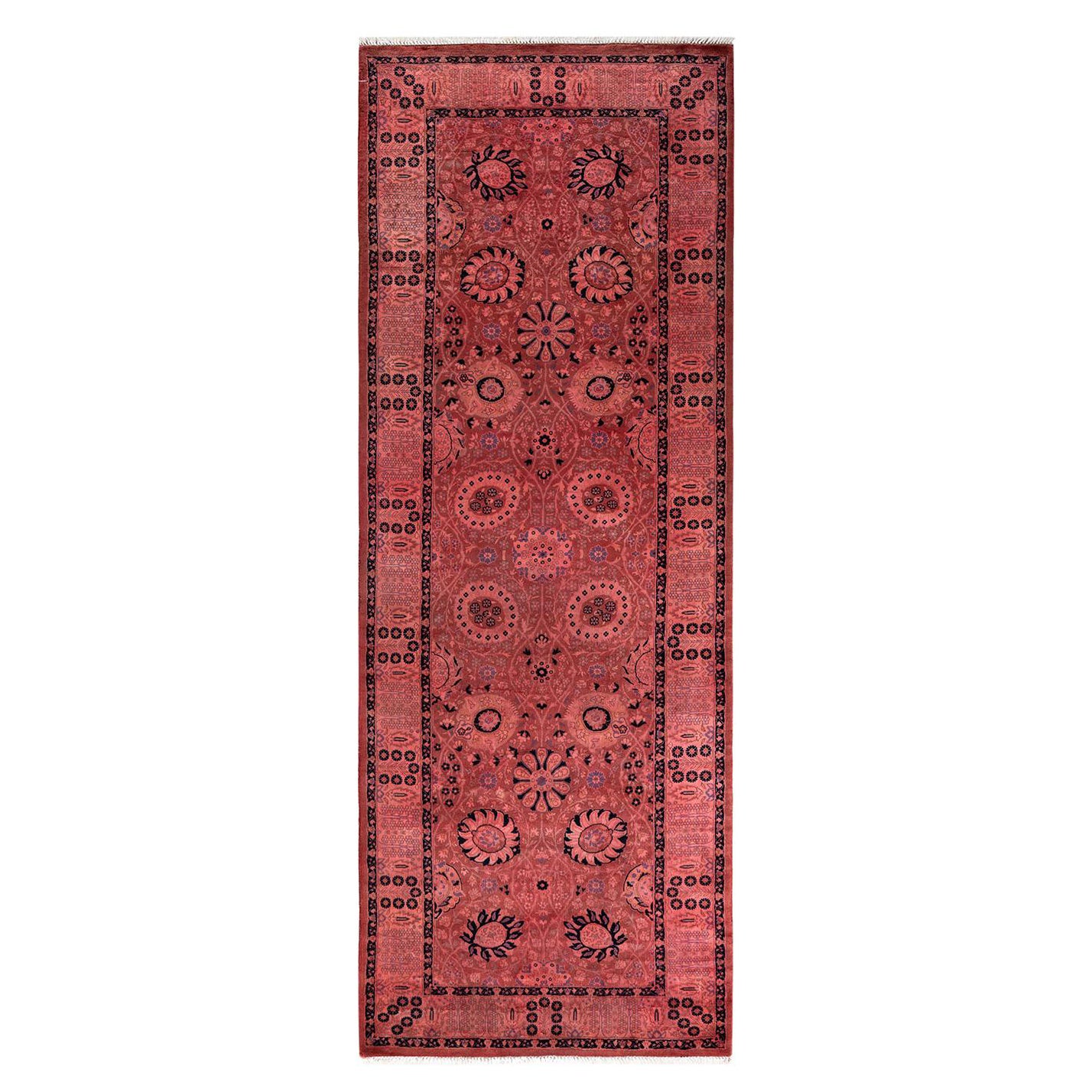 Contemporary Overdyed Hand Knotted Wool Pink Runner For Sale