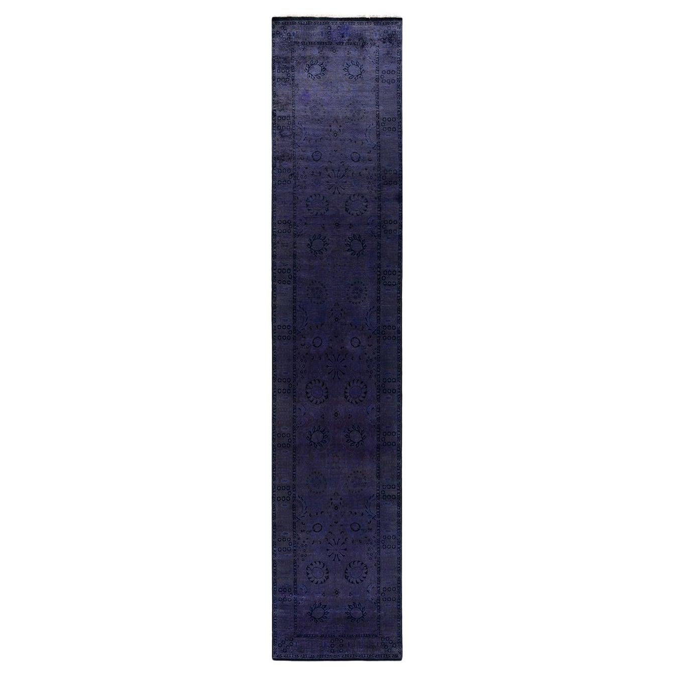 Contemporary Overdyed Hand Knotted Wool Purple Runner For Sale