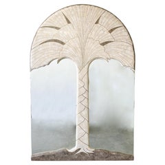 Vintage Tessellated Marble Stone Travertine Palm Tree With Brass Inlay Mirror 