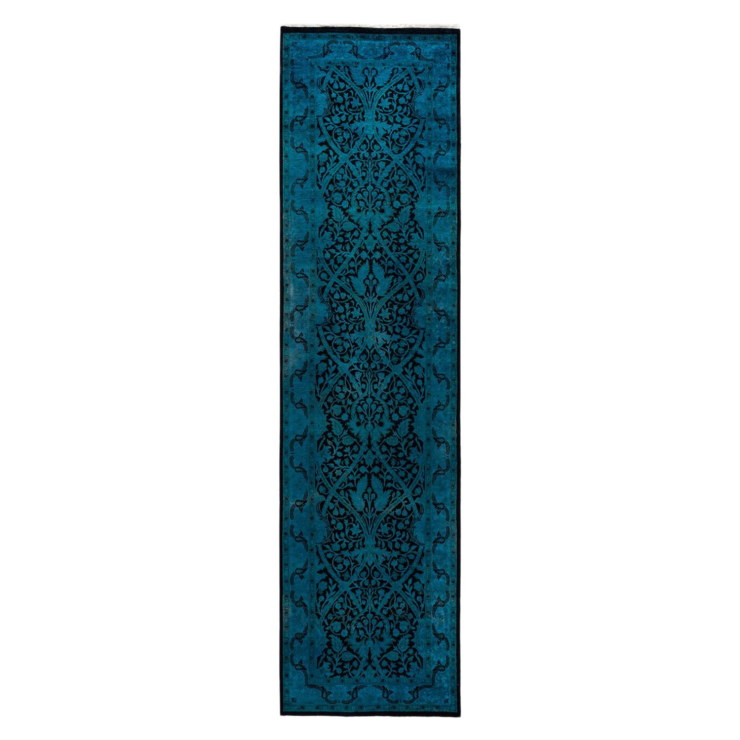 Contemporary Overdyed Hand Knotted Wool Black Runner