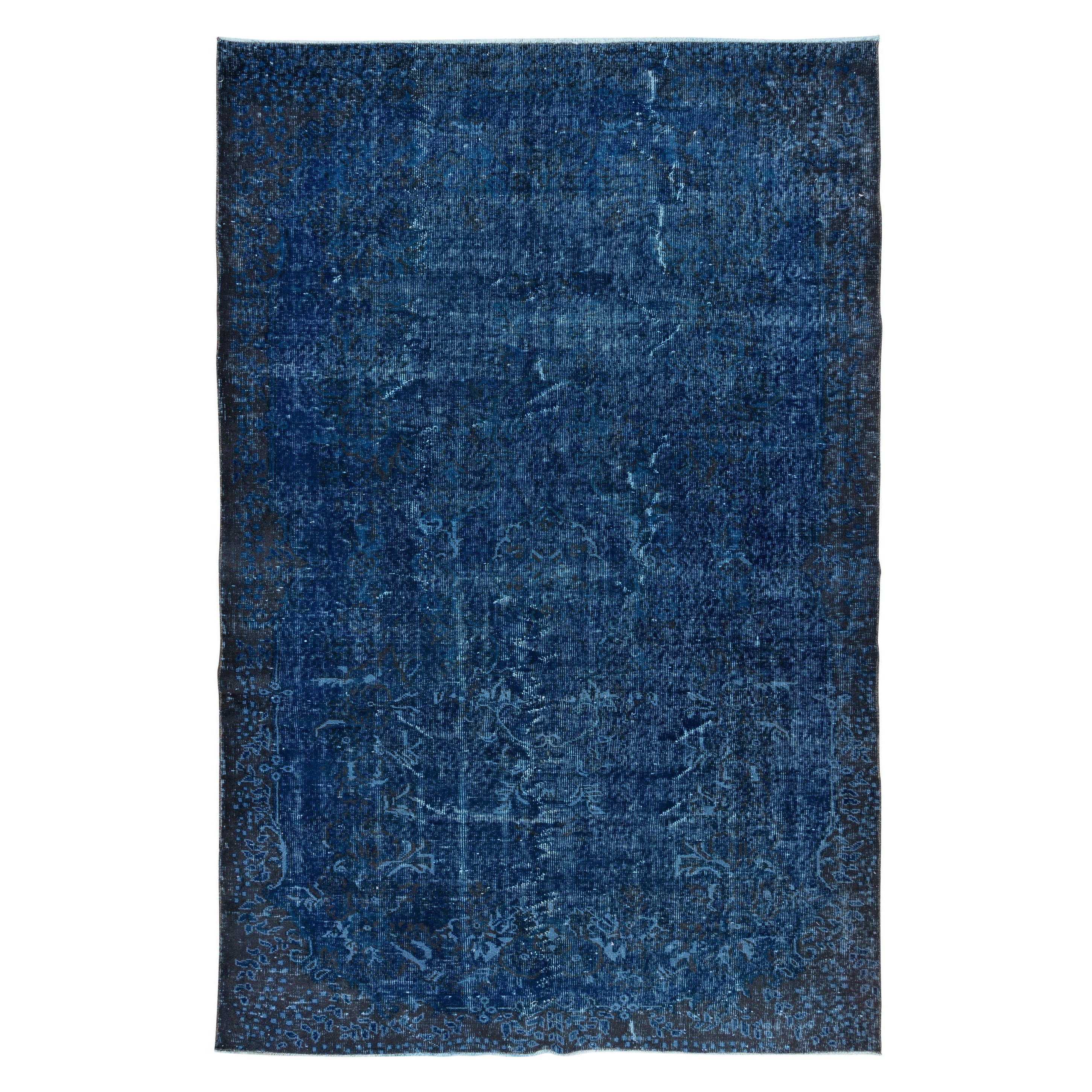 6x9 Ft Modern Turkish Area Rug in Indigo Blue, Decorative Handmade Wool Carpet For Sale