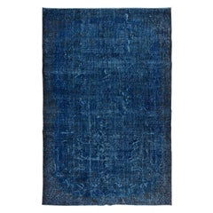 Vintage 6x9 Ft Modern Turkish Area Rug in Indigo Blue, Decorative Handmade Wool Carpet