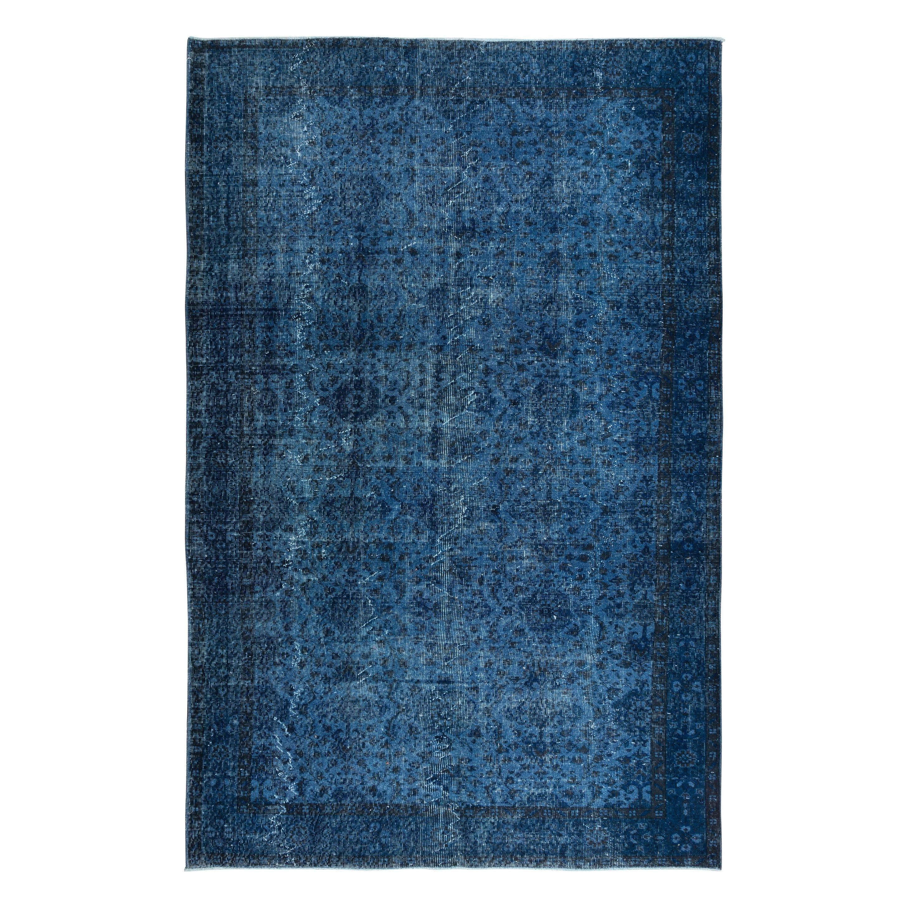 6.3x9.8 Ft Ocean Blue Handmade Area Rug, Decorative Floral Turkish Wool Carpet For Sale