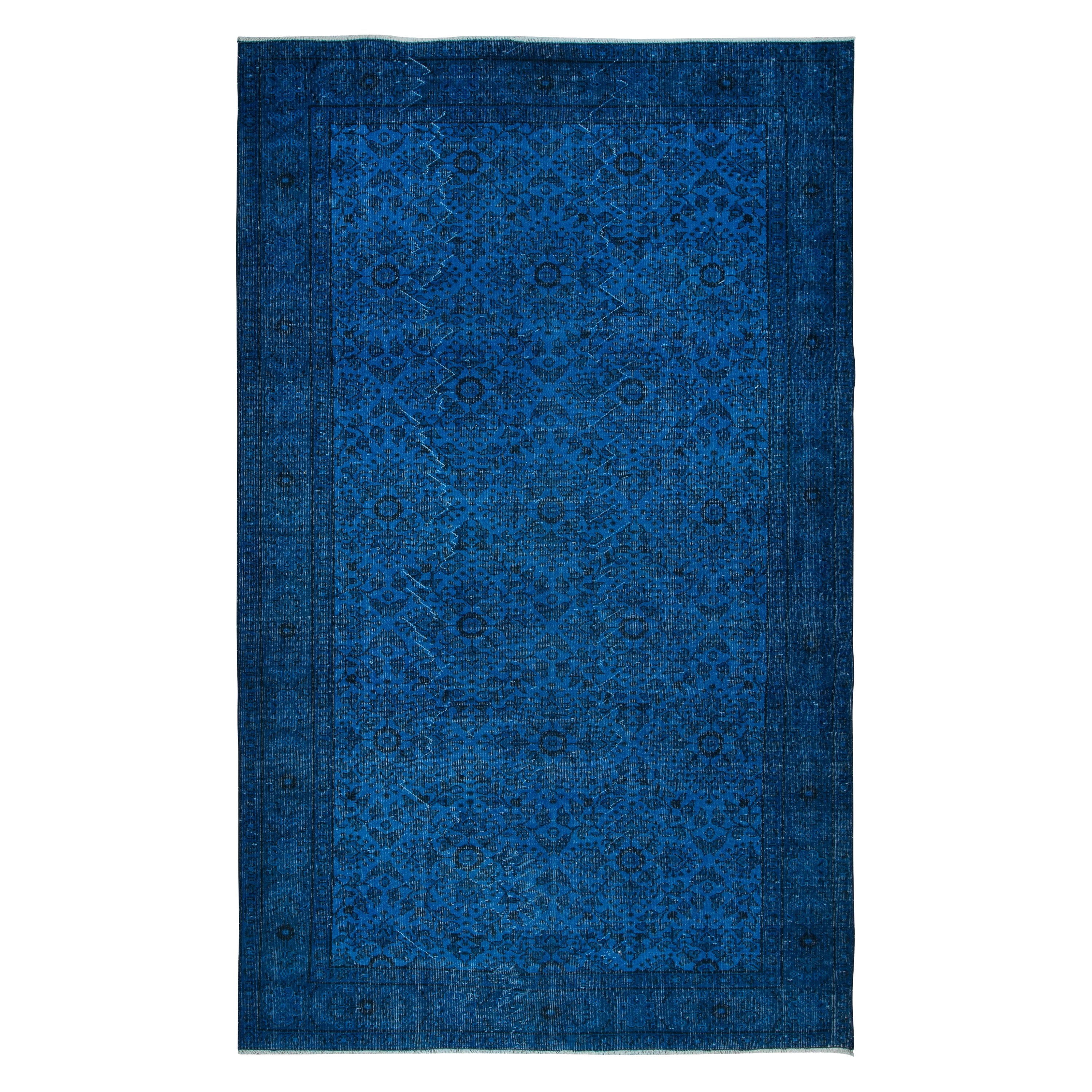 6.5x10.5 Ft Modern Turkish Floral Rug in Ocean Blue, Handmade Navy Blue Carpet For Sale