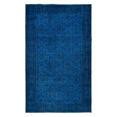 Vintage 6.5x10.5 Ft Modern Turkish Floral Rug in Ocean Blue, Handmade Navy Blue Carpet