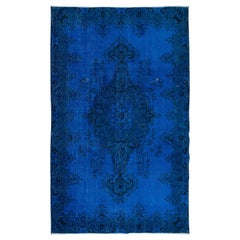 5.6x9 Ft Moderner handgefertigter Teppich, blauer türkischer Teppich mit Medaillon-Design