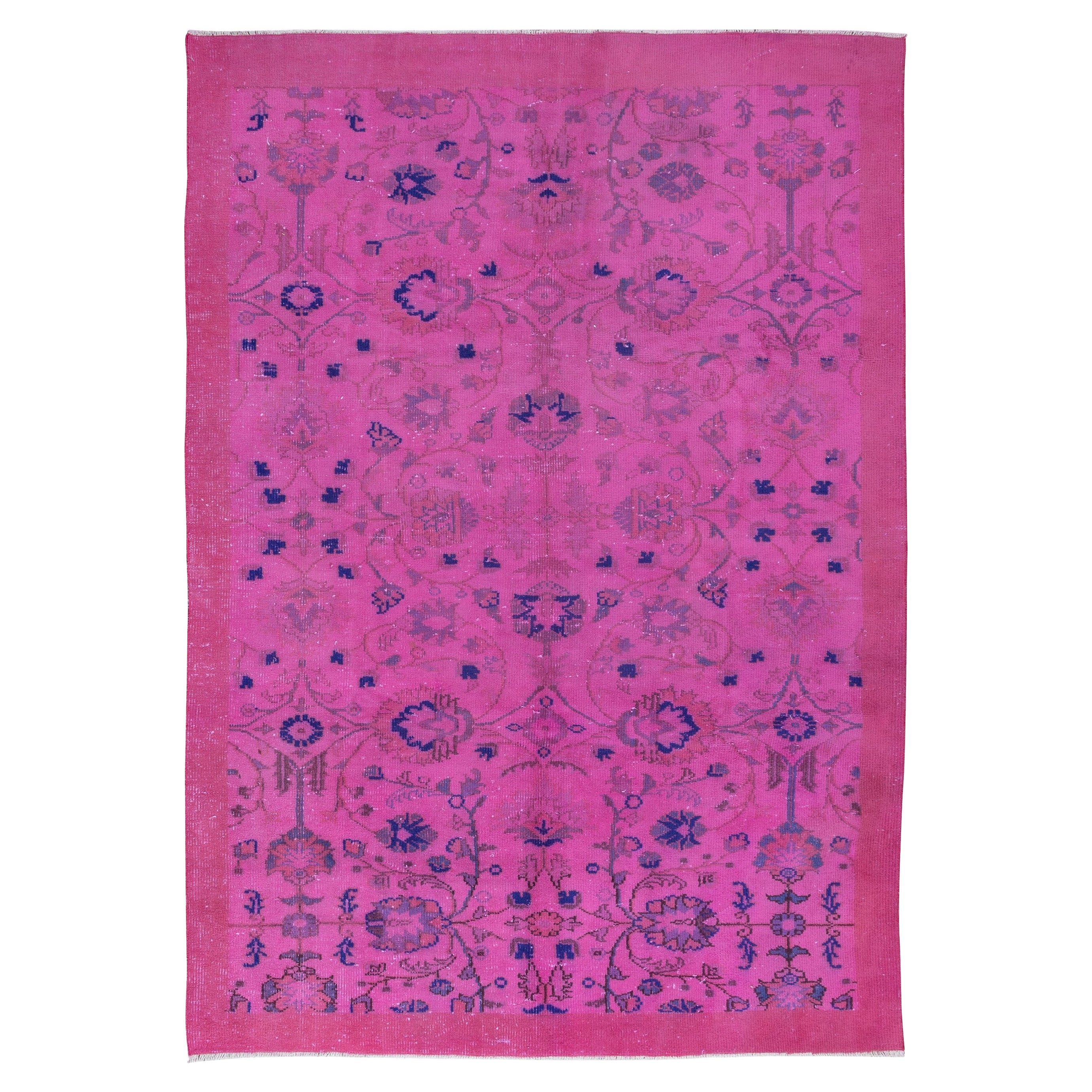 Handgefertigter türkischer rosafarbener 6,5x9 Ft Teppich mit botanischem Gartendesign und massiver Bordüre im Angebot