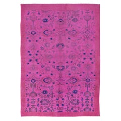 Handgefertigter türkischer rosafarbener 6,5x9 Ft Teppich mit botanischem Gartendesign und massiver Bordüre