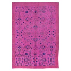 Vintage 6.5x9 Ft Hand-Made Turkish Pink Rug with Botanical Garden Design & Solid Border