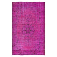Vintage 6x9.7 Ft Hand-Made Turkish Area Rug in Pink, Modern Wool and Cotton Carpet