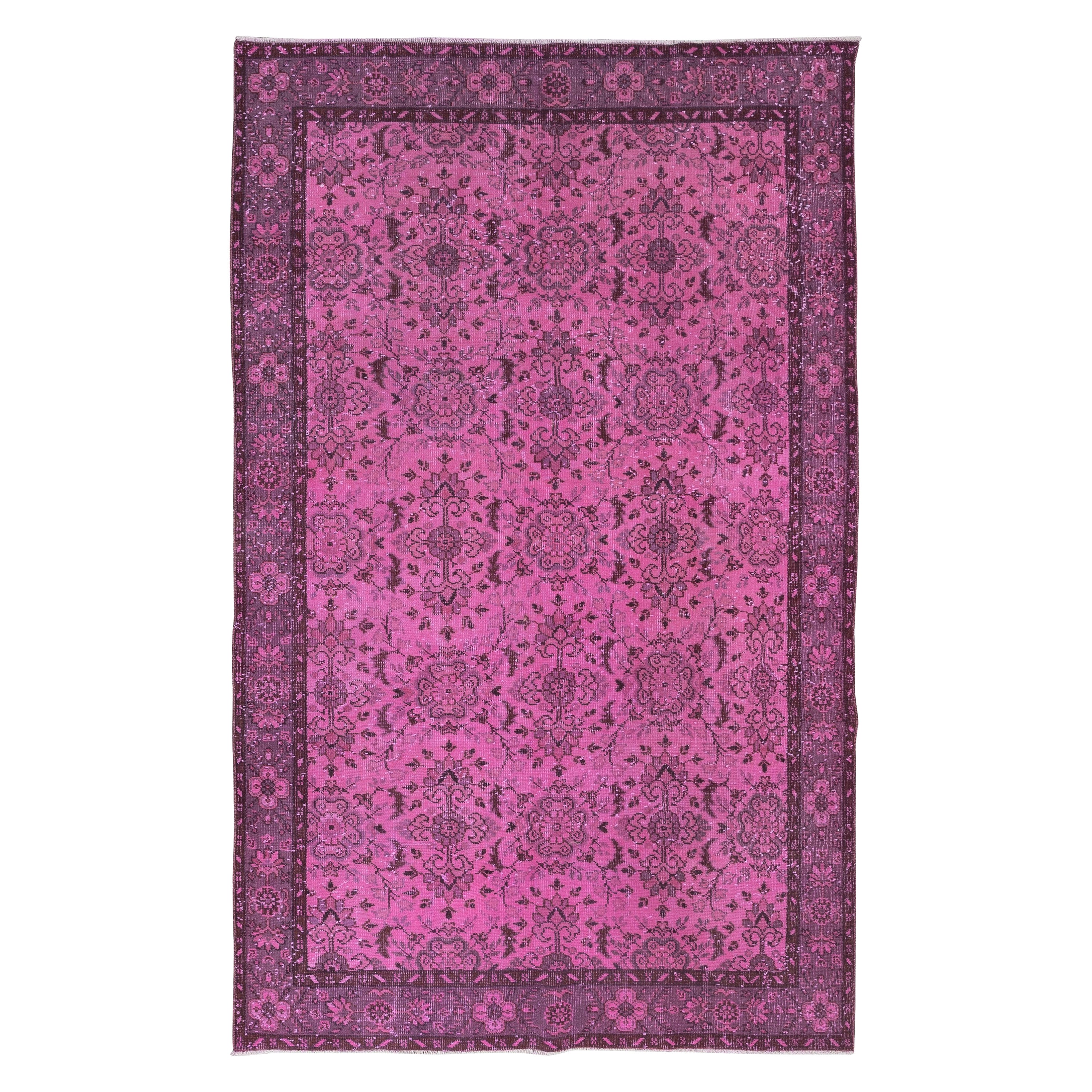 6x9.3 Ft Floral Pattern Handknotted Pink Rug, Modern Turkish Overdyed Carpet For Sale