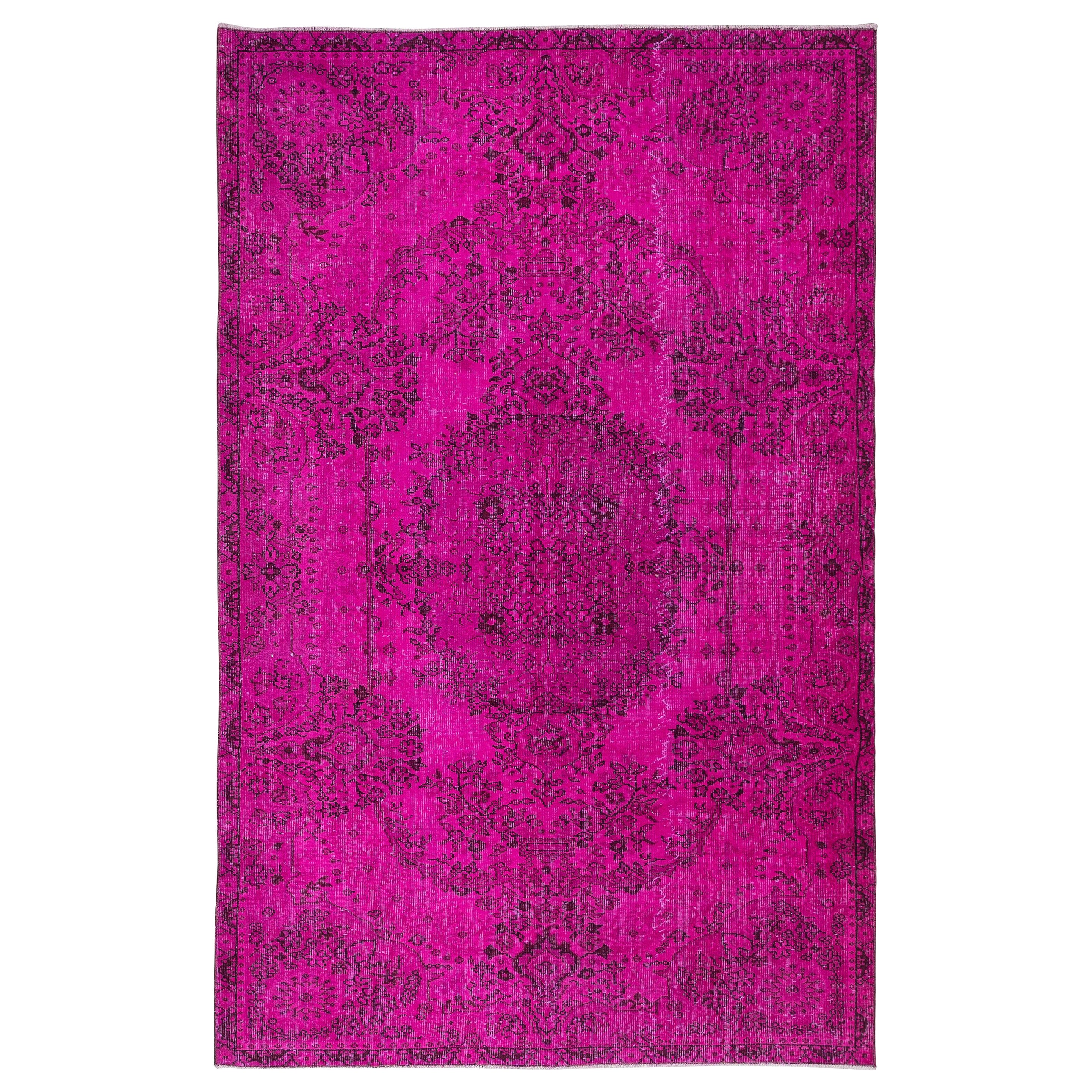 6.4x9.7 Ft Hot Pink Handmade Turkish Wool Area Rug for Modern Interiors For Sale