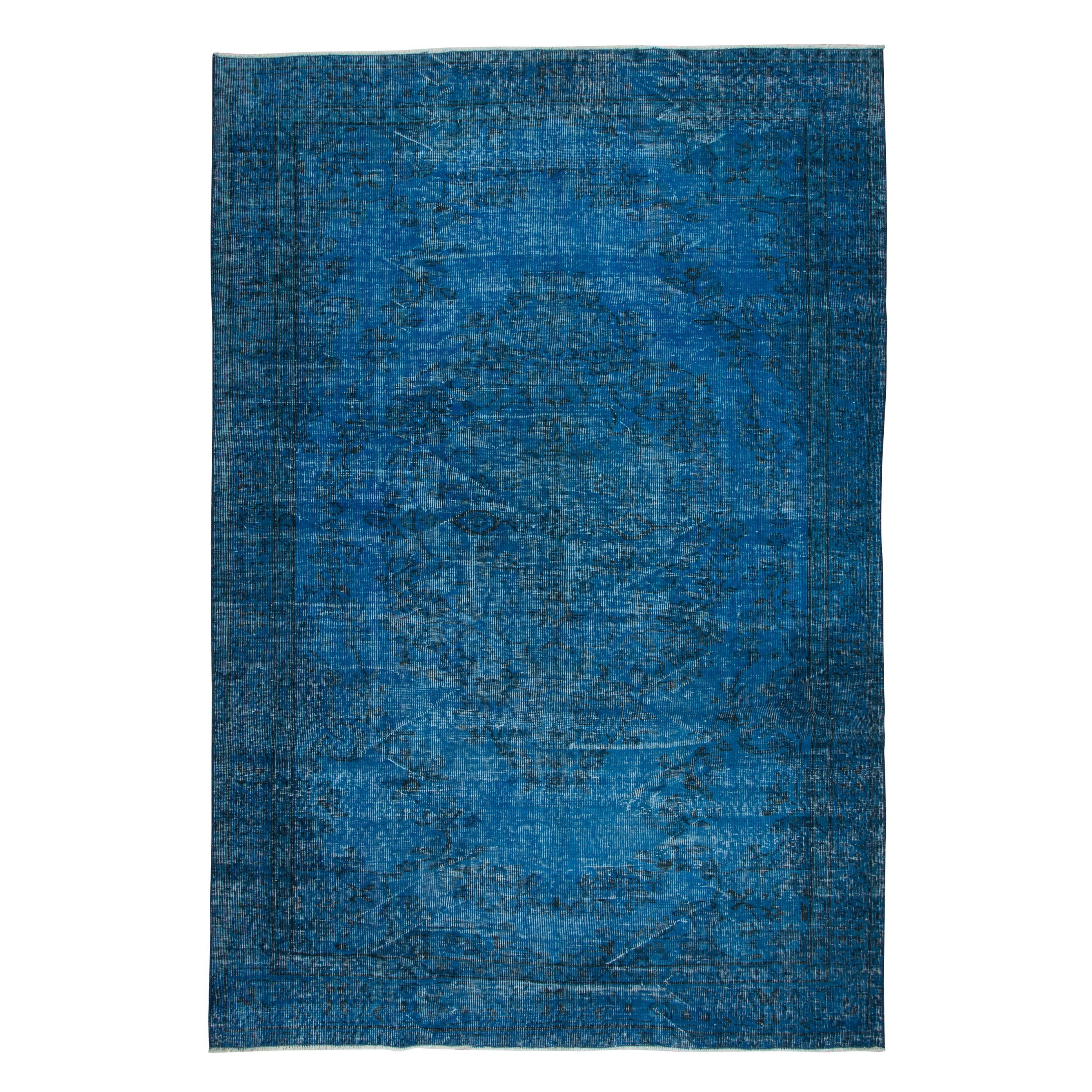 5.6x8.2 Ft Handmade Blue Area Rug from Turkey, Modern Anatolian Wool Carpet