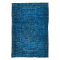 5.6x8.2 Ft Handmade Blue Area Rug from Turkey, Modern Anatolian Wool Carpet