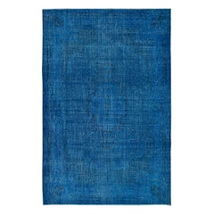 Vintage 6x9 Ft Modern Blue Area Rug made of wool and cotton, Hand-Knotted in Turkey