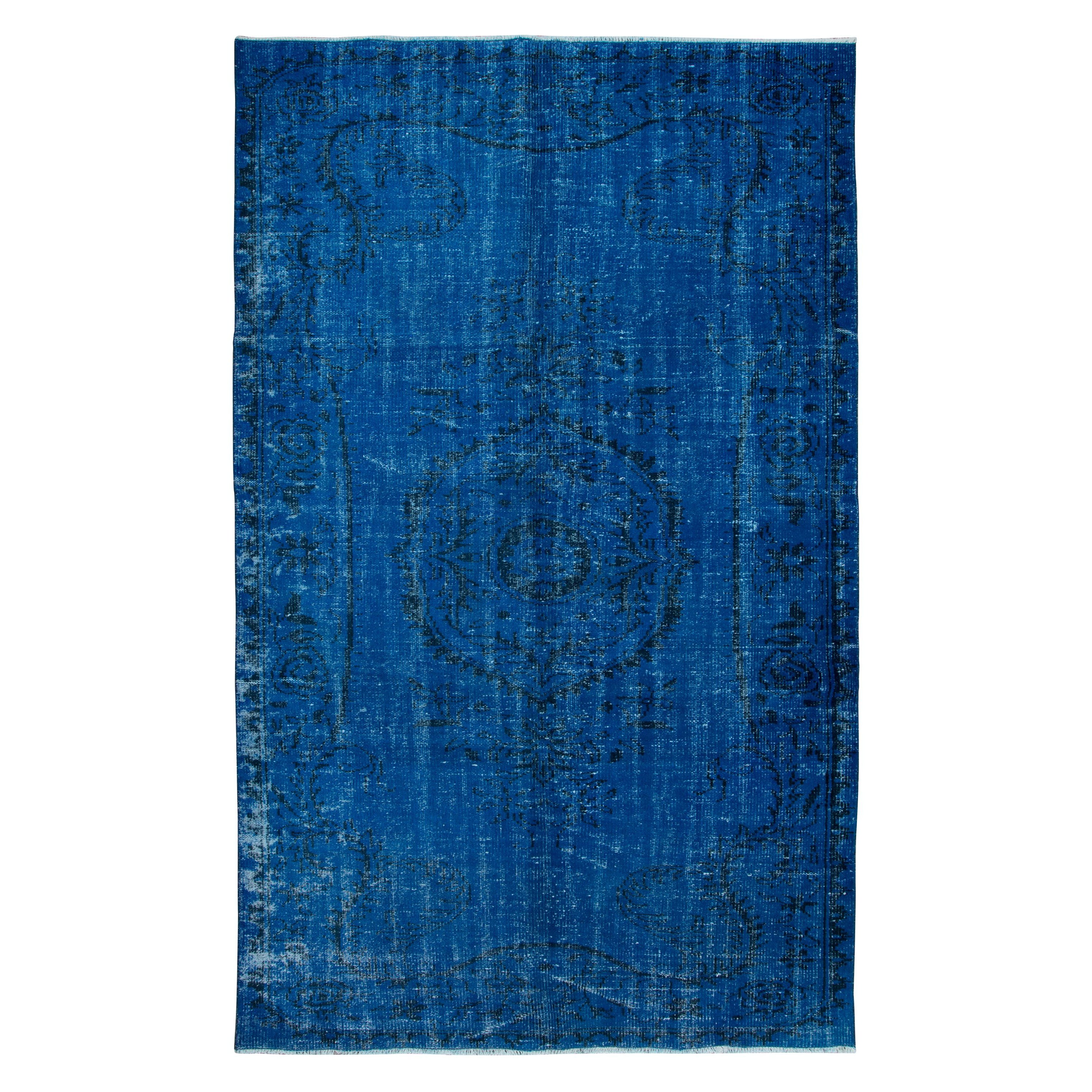 5.5x9 Ft Blue Overdyed Wool Area Rug, Handmade in Turkey, Modern Upcycled Carpet