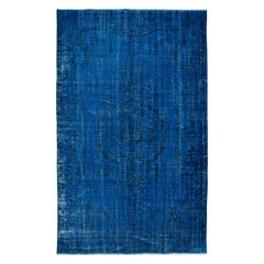Vintage 5.5x9 Ft Blue Overdyed Wool Area Rug, Handmade in Turkey, Modern Upcycled Carpet