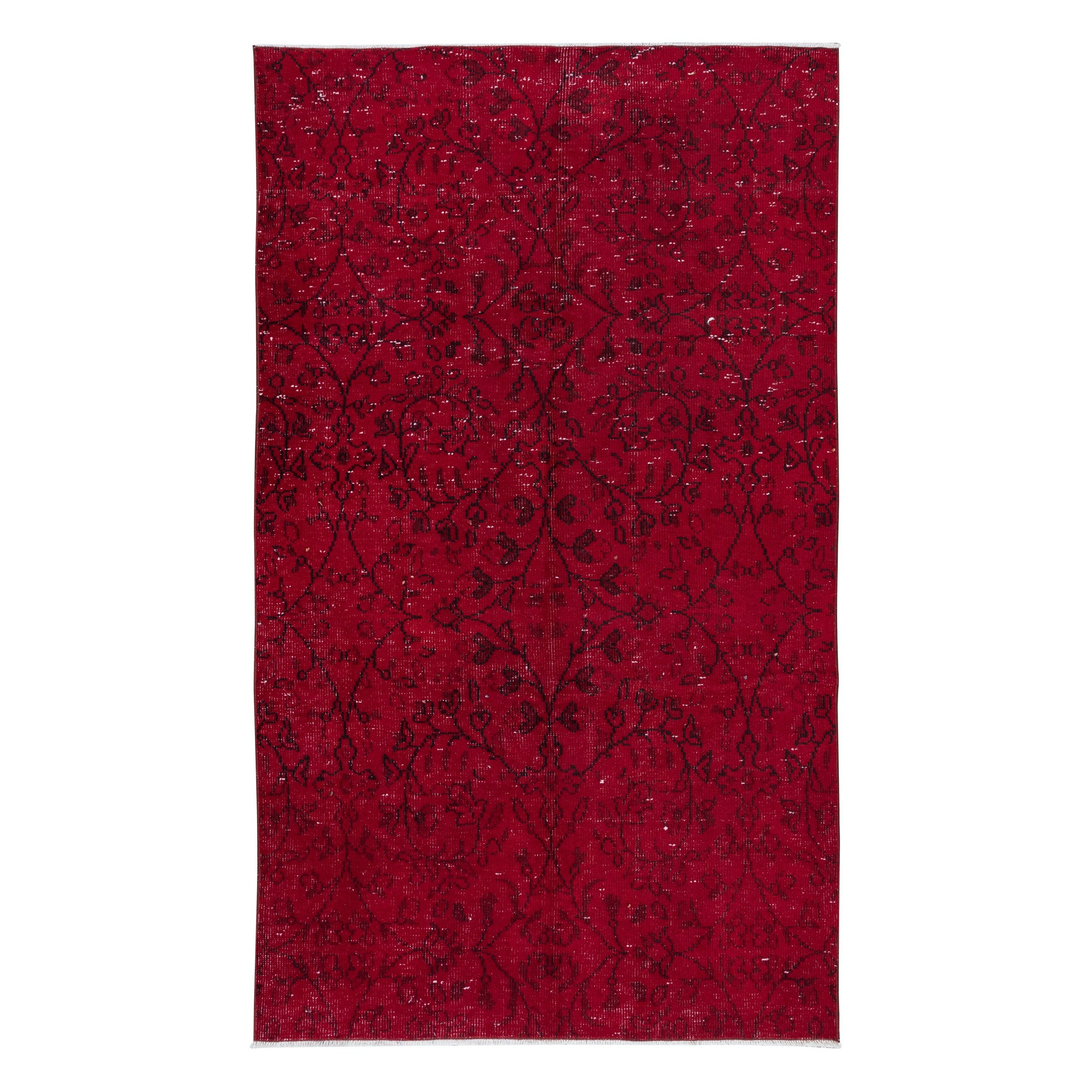 4,6x7.6 Ft Moderner handgefertigter burgunderroter Teppich, geblümter türkischer Teppich