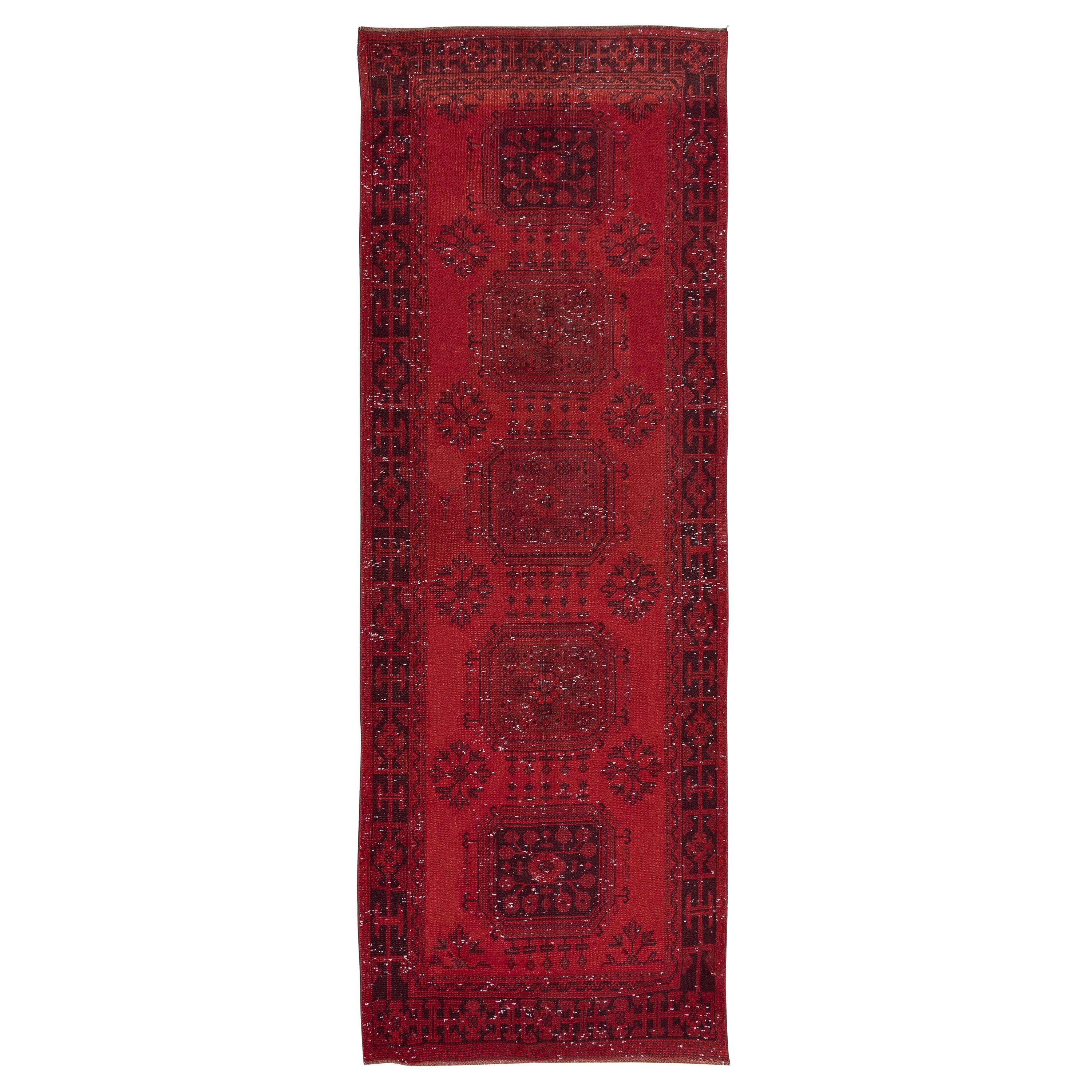 4x11.2 Ft Hand Knotted Runner Rug. Modern Turkish Hallway Carpet in Dark Red