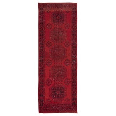 Vintage 4x11.2 Ft Hand Knotted Runner Rug. Modern Turkish Hallway Carpet in Dark Red