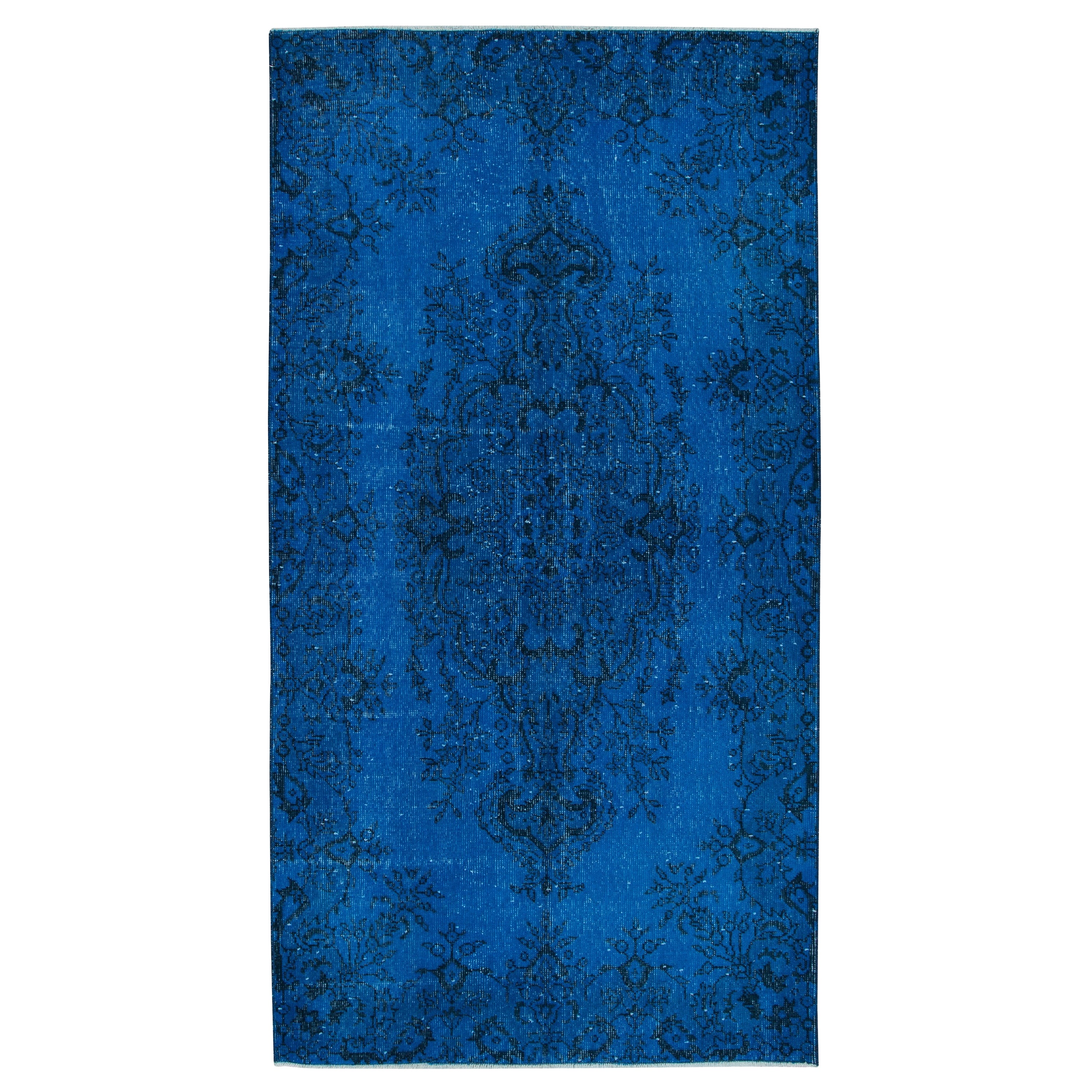 3.7x7 Ft Handmade Vintage Turkish Small Rug ReDyed in Blue with Medallion Design For Sale