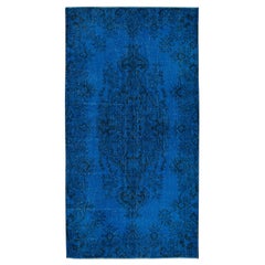 3.7x7 Ft Handgefertigter türkischer kleiner Vintage-Teppich in Blau mit Medaillon-Design, handgefertigt