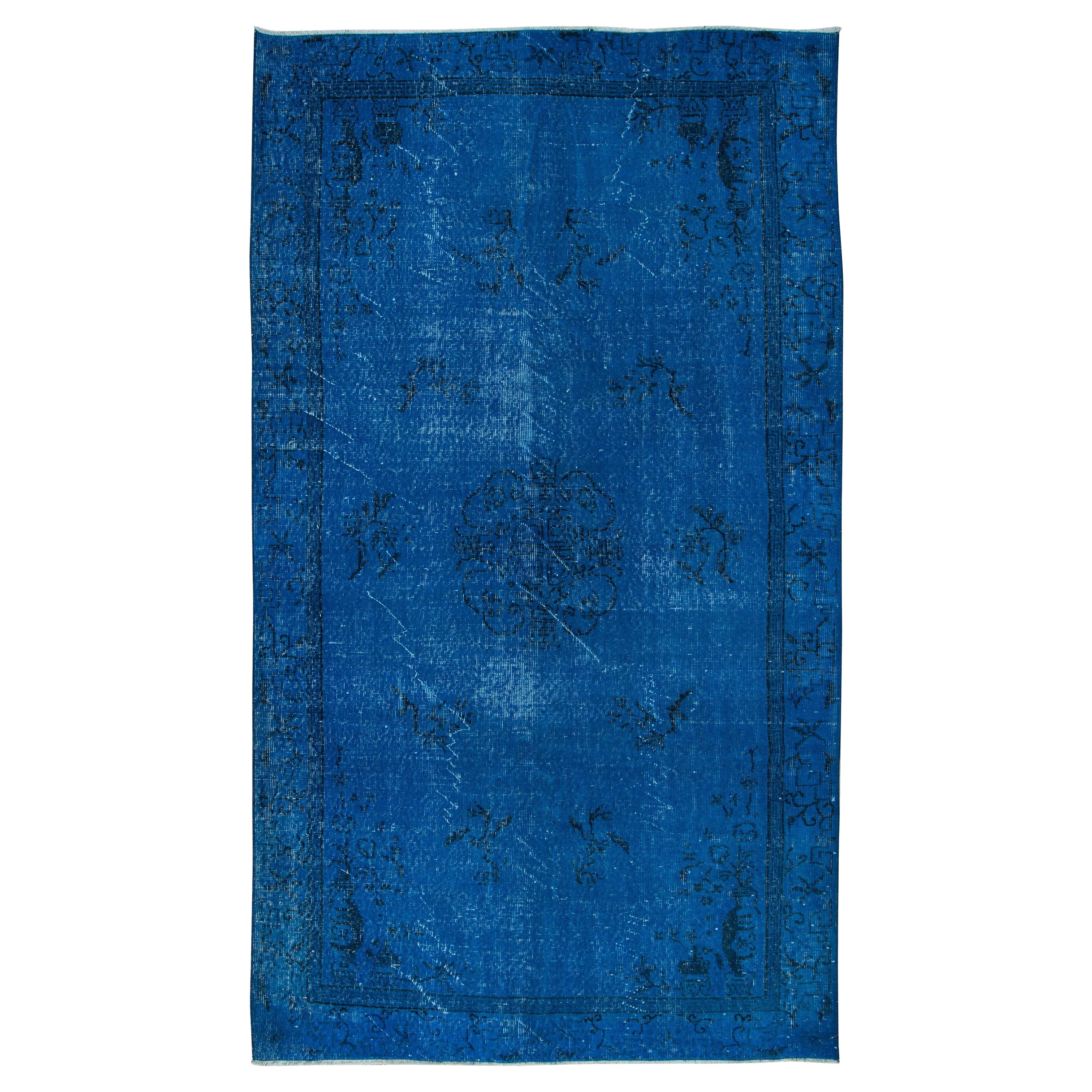 5.2x8.8 Ft Modern Blue Area Rug with Art Deco Chinese Design, Handmade in Turkey For Sale